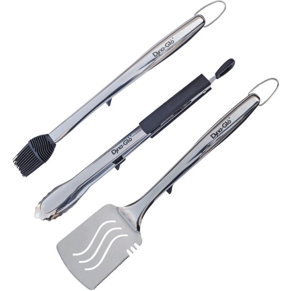 Dyna Glo Silicone Handle Stainless Steel Bladed 3-Piece Barbeque Tool Set with Stand - LD SALE