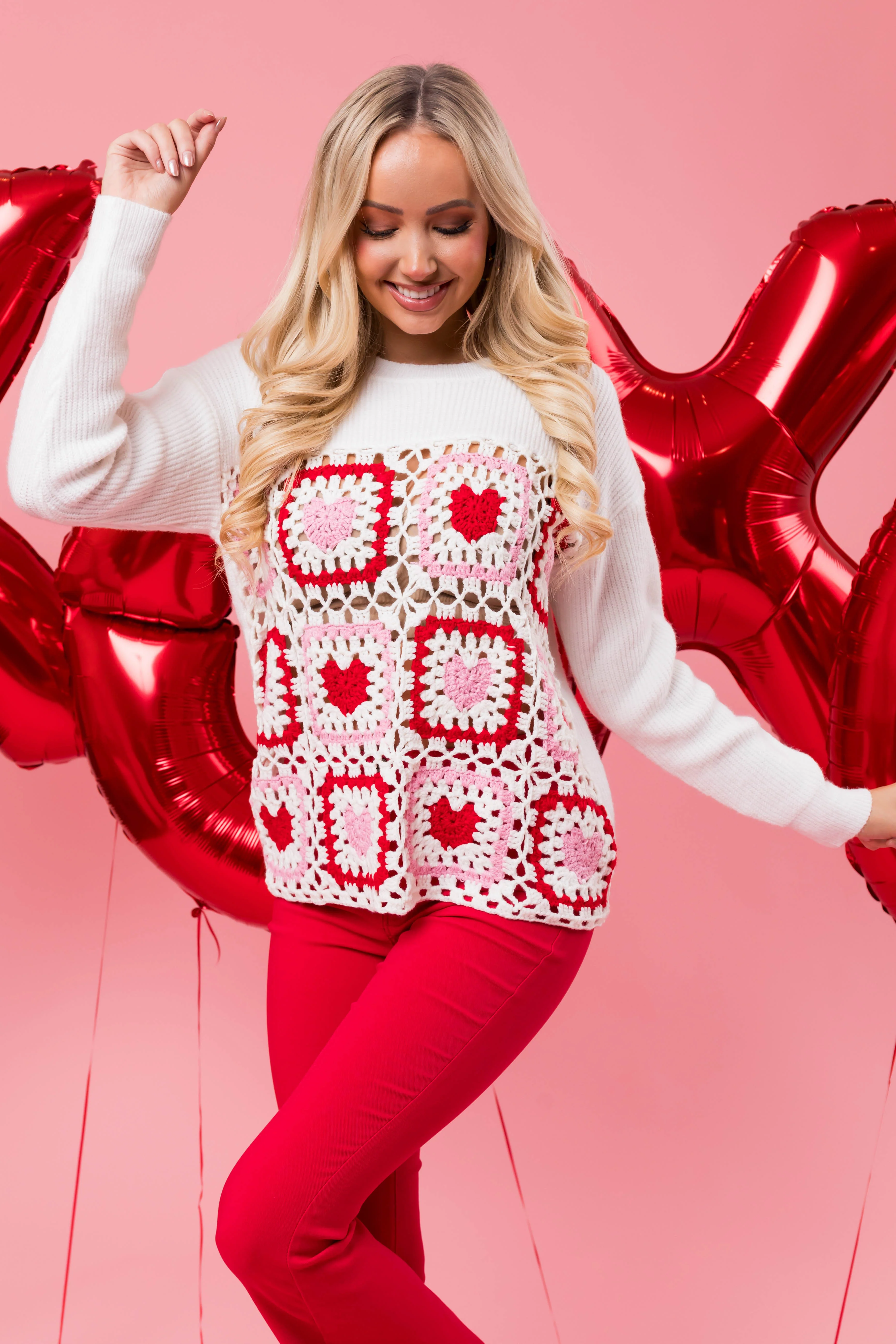 White Colorblock Open Crochet Heart Sweater - LD SALE