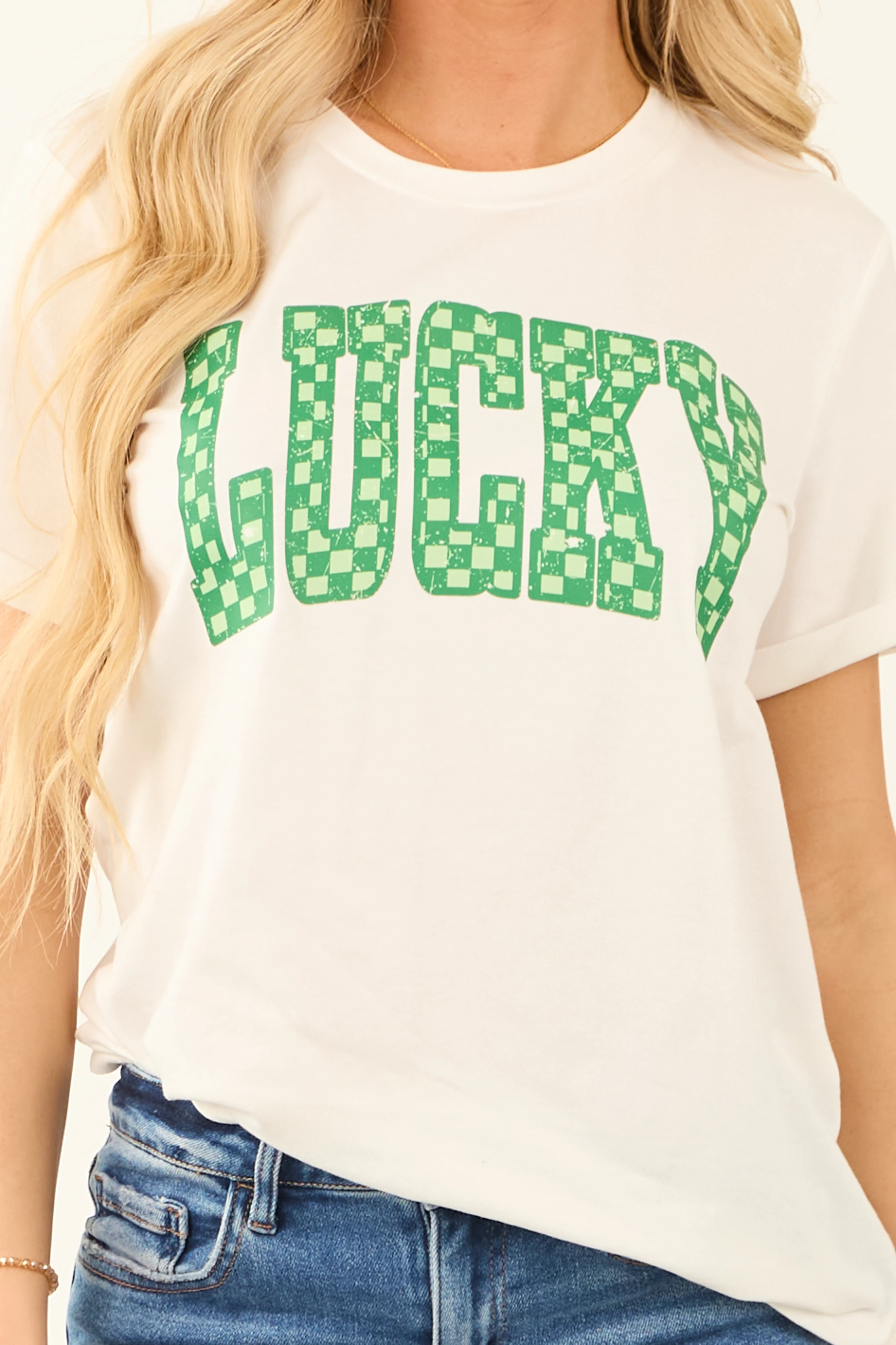 White Checkered 'Lucky' Graphic Short Sleeve Top - LD SALE