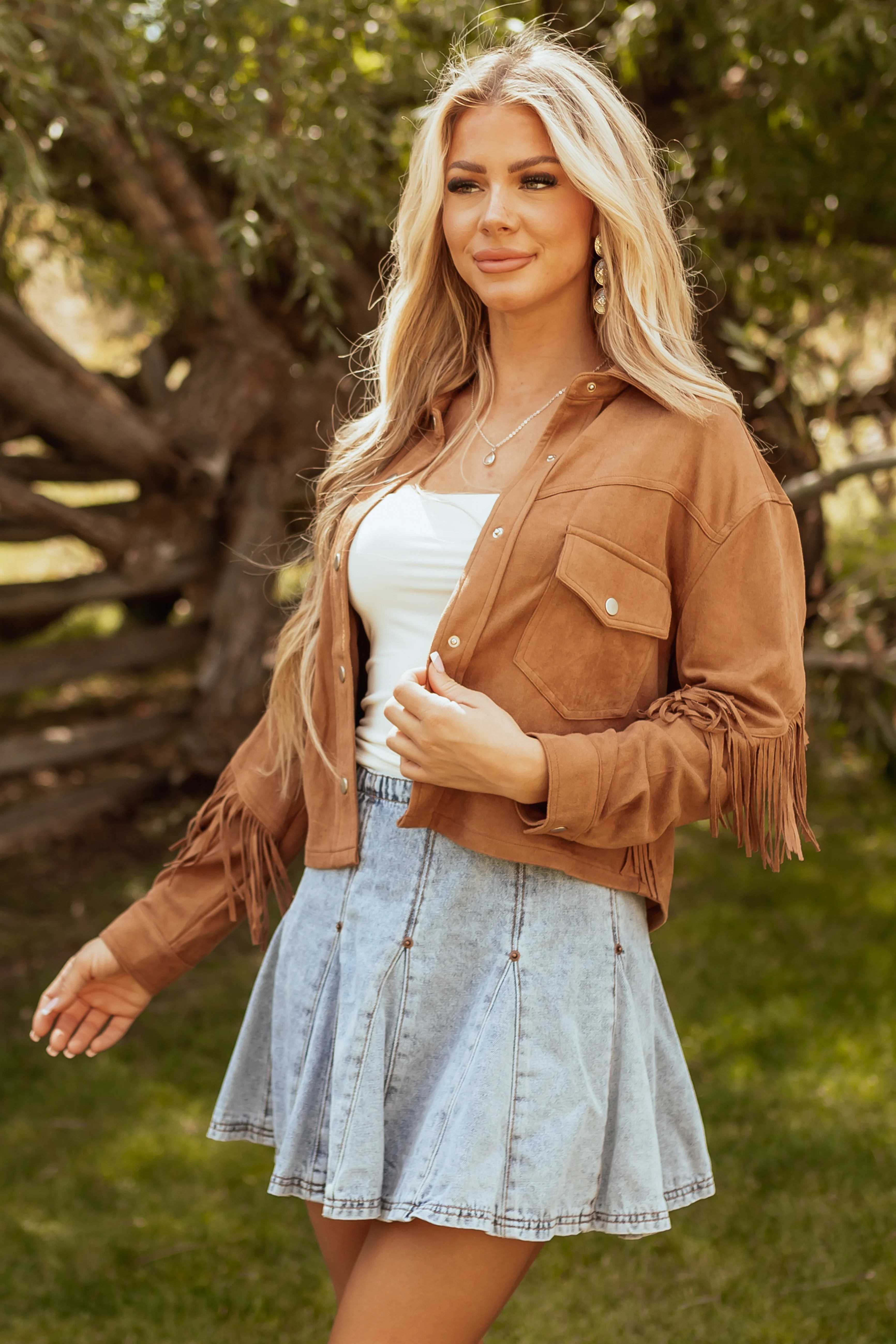 Copper Faux Suede Collared Fringe Jacket - LD SALE