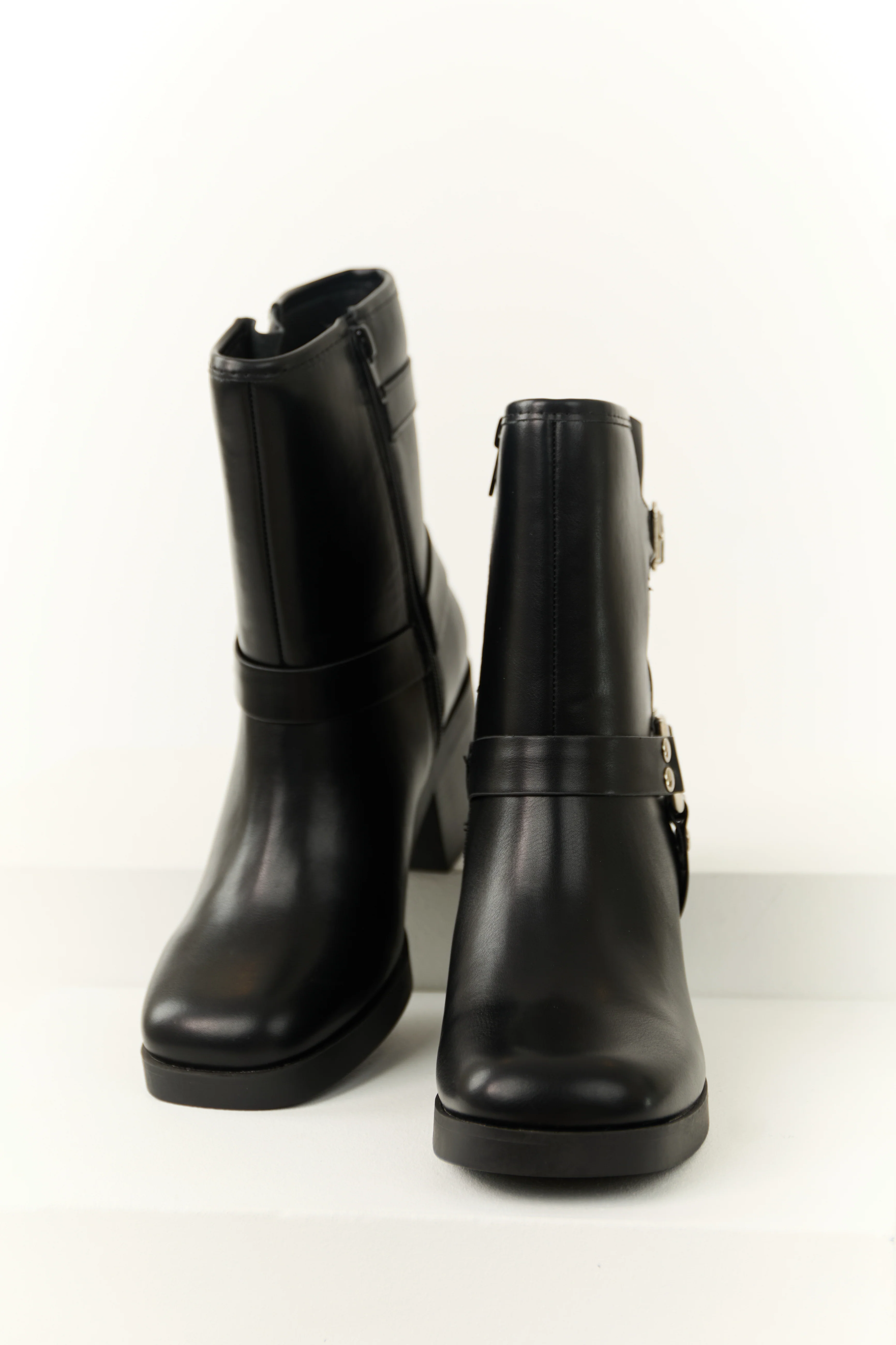 Black Buckle Strap Chunky Heel Booties - LD SALE