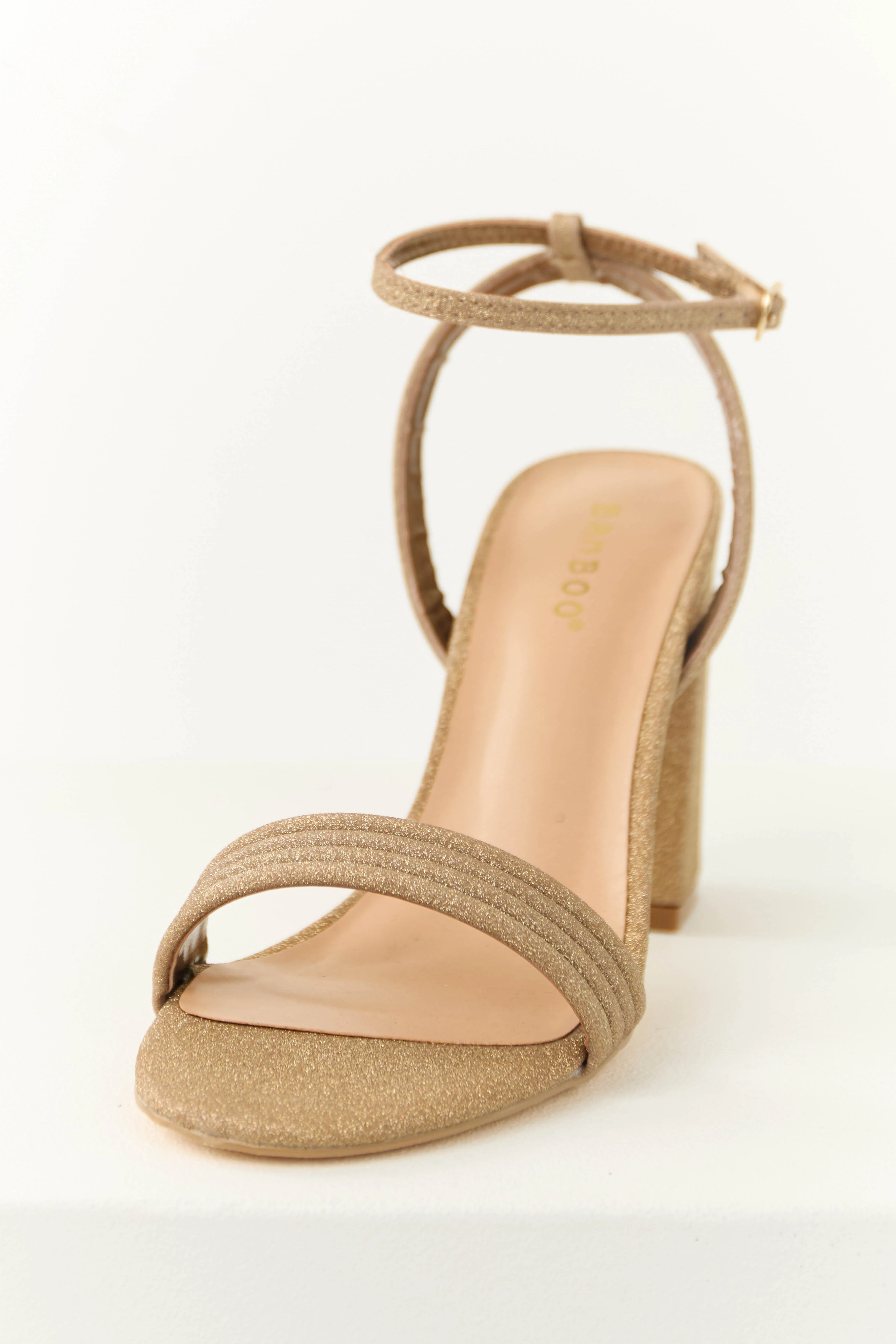 Gold Glitter Ankle Strap Block Heels - LD SALE