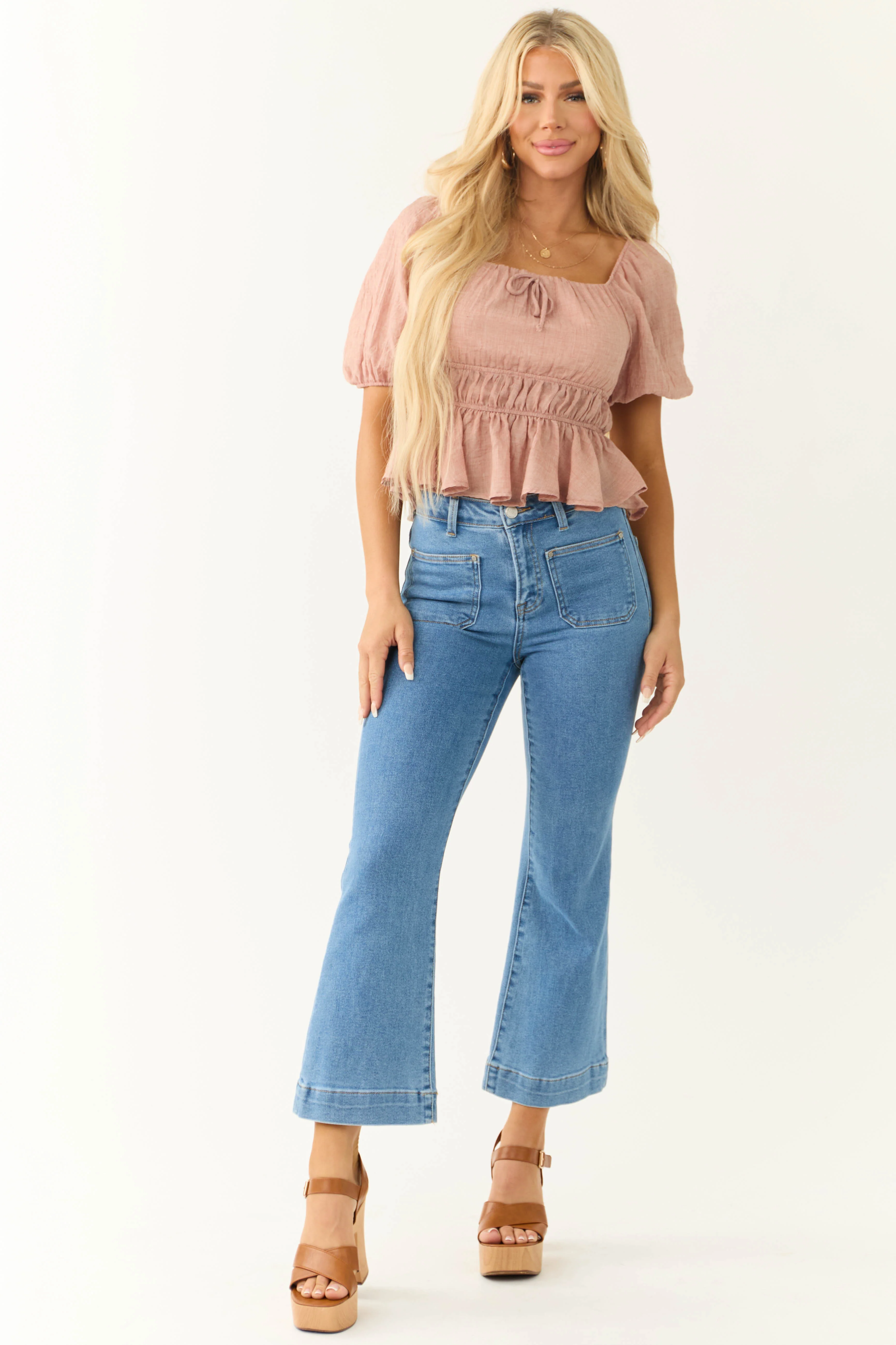 Dusty Rose Square Neck Peplum Blouse - LD SALE