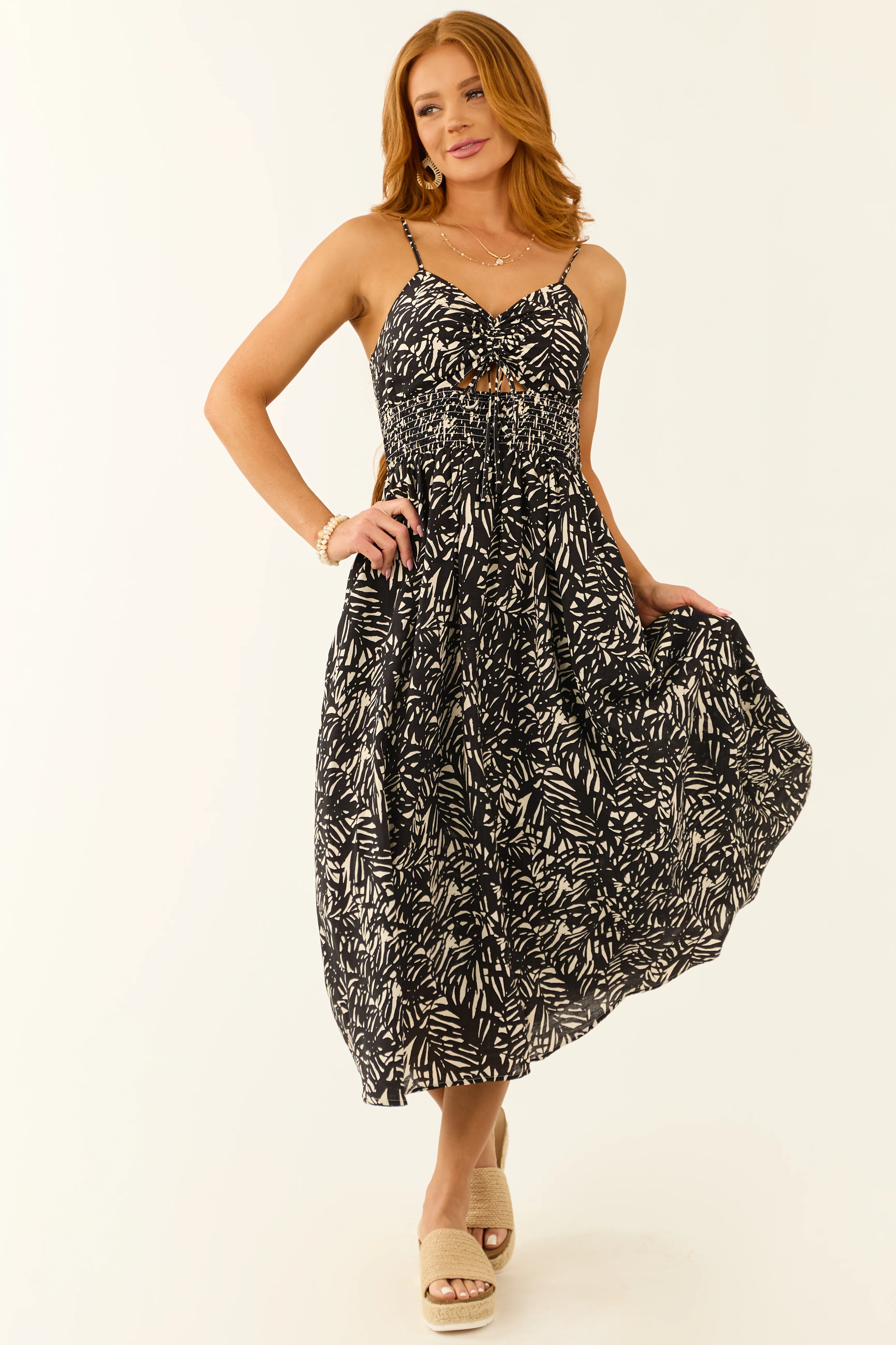 Black Abstract Leaf Print Ruched Midi Dress - LD SALE