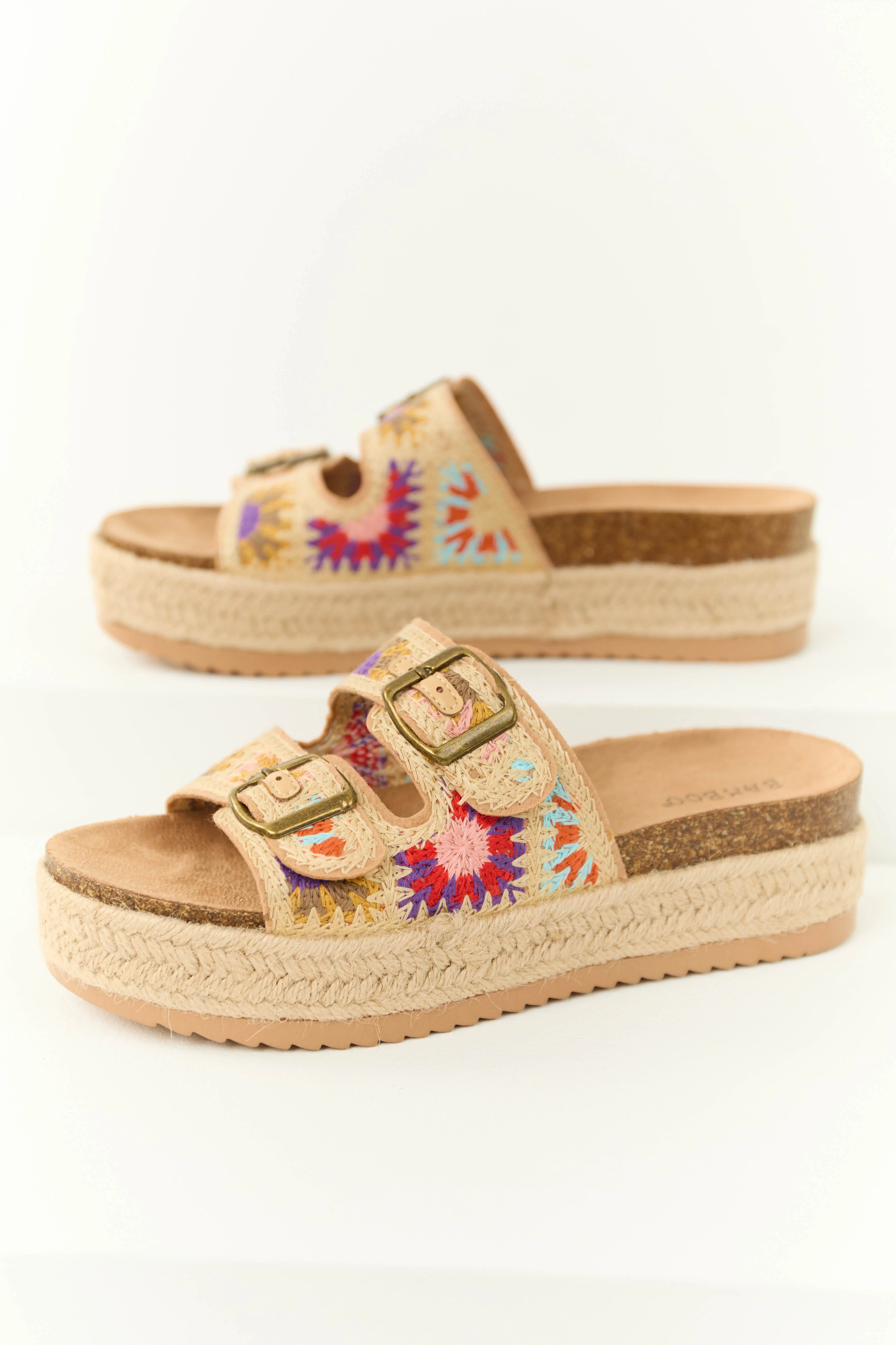Beige Embroidered Woven Platform Buckle Sandal - LD SALE