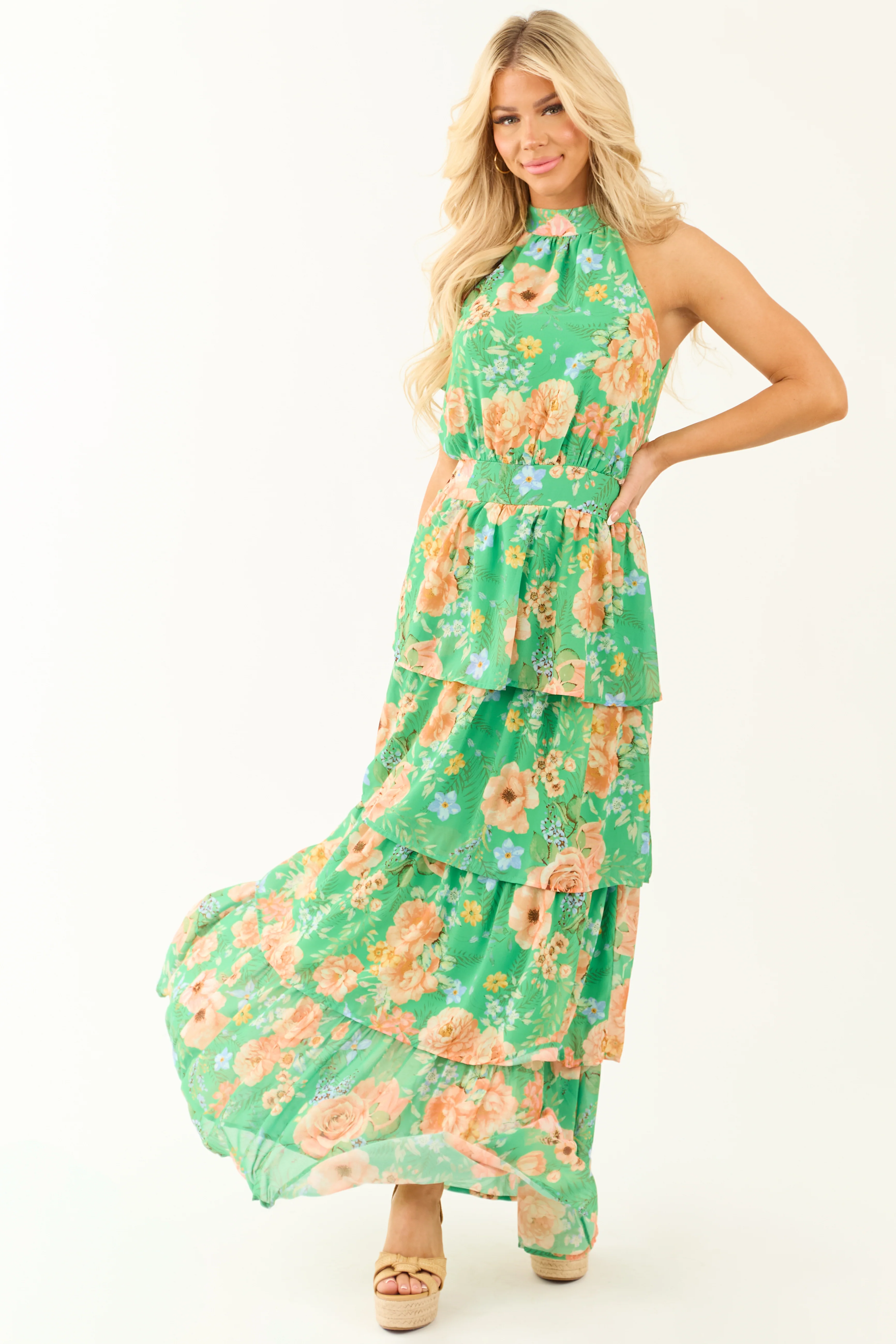 Flying Tomato Kiwi Floral Print Halter Maxi Dress - LD SALE