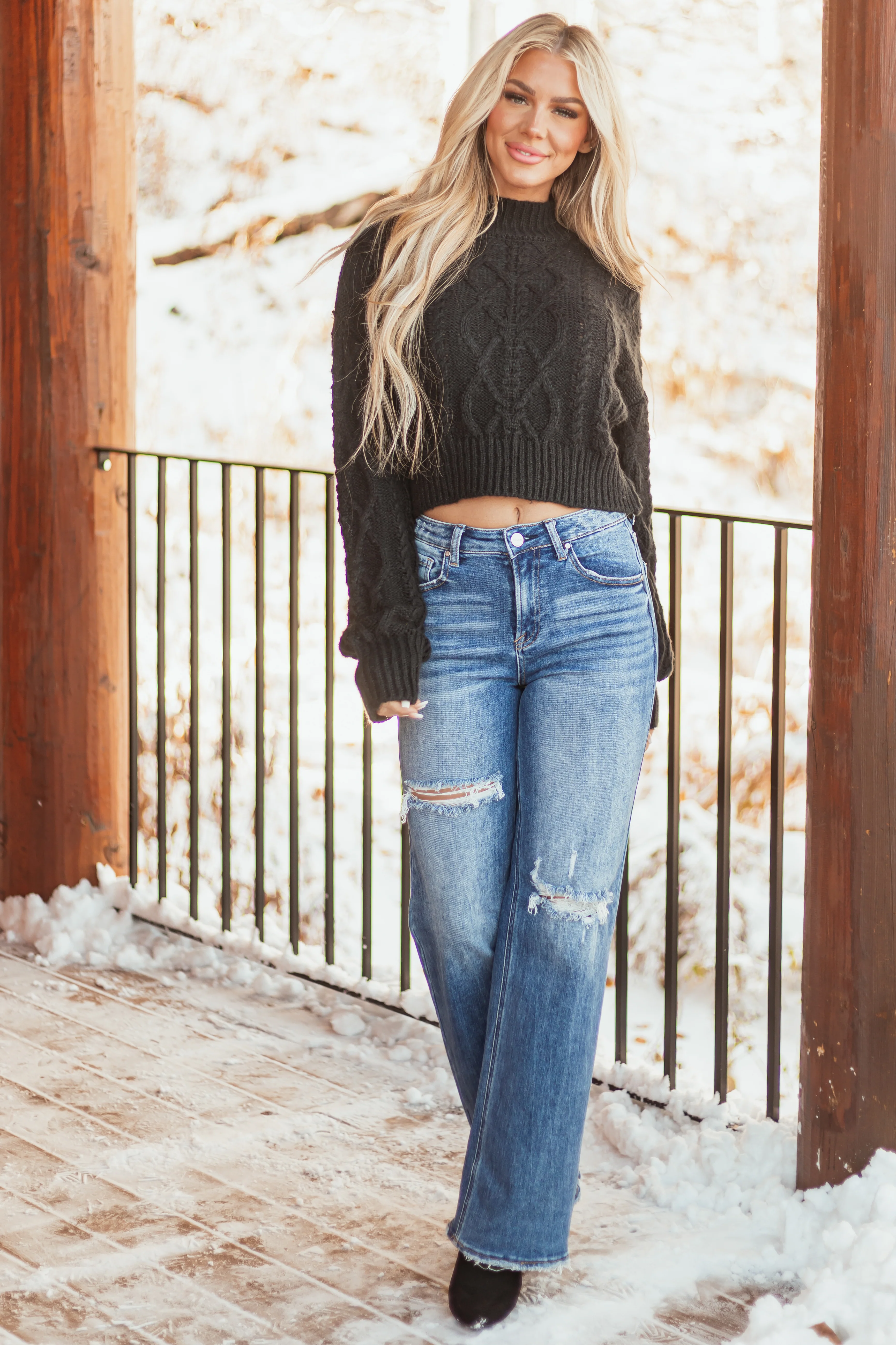 Black Mock Neck Cable Knit Sweater - LD SALE