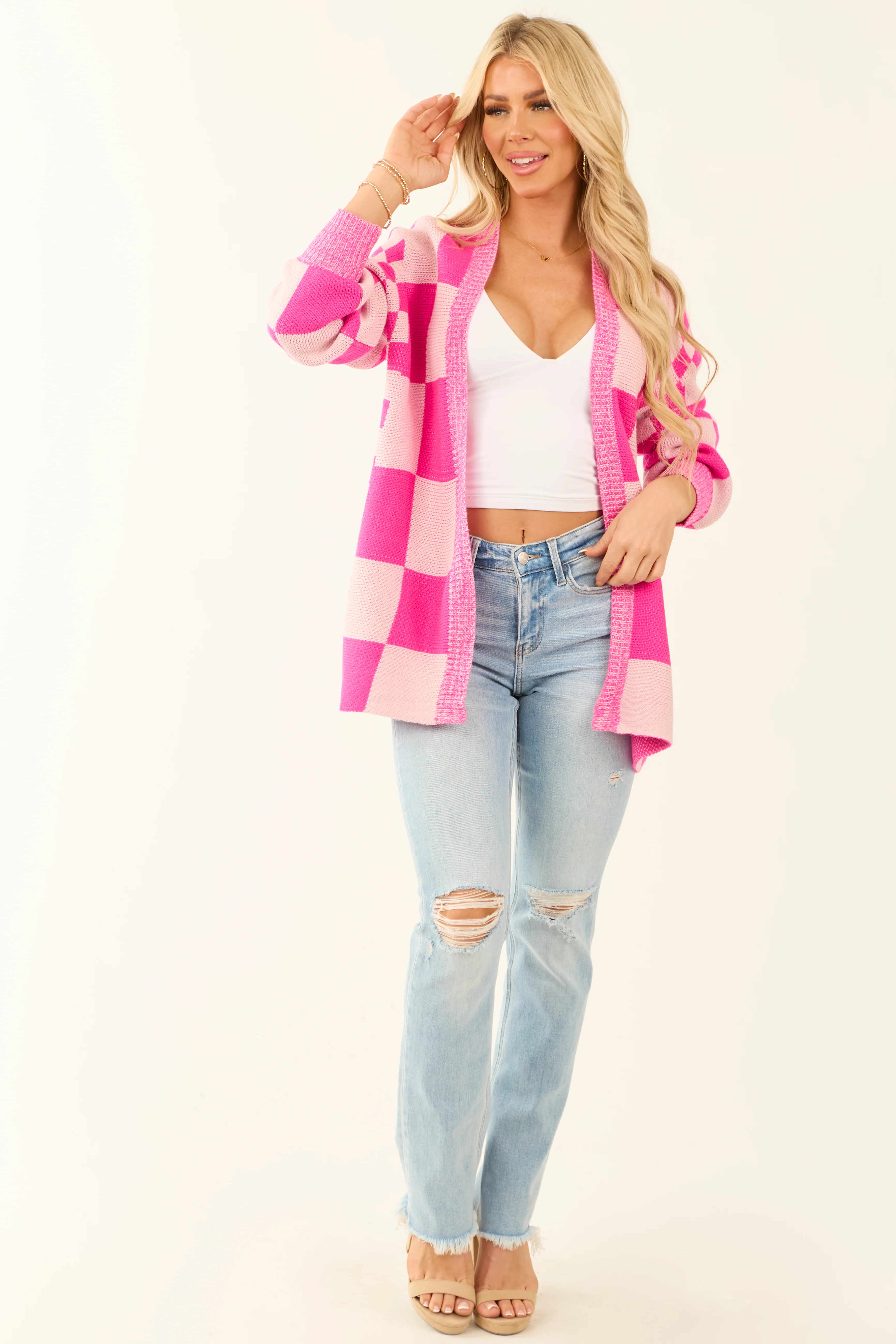 Fuchsia and Dusty Blush Checkerboard Cardigan - LD SALE