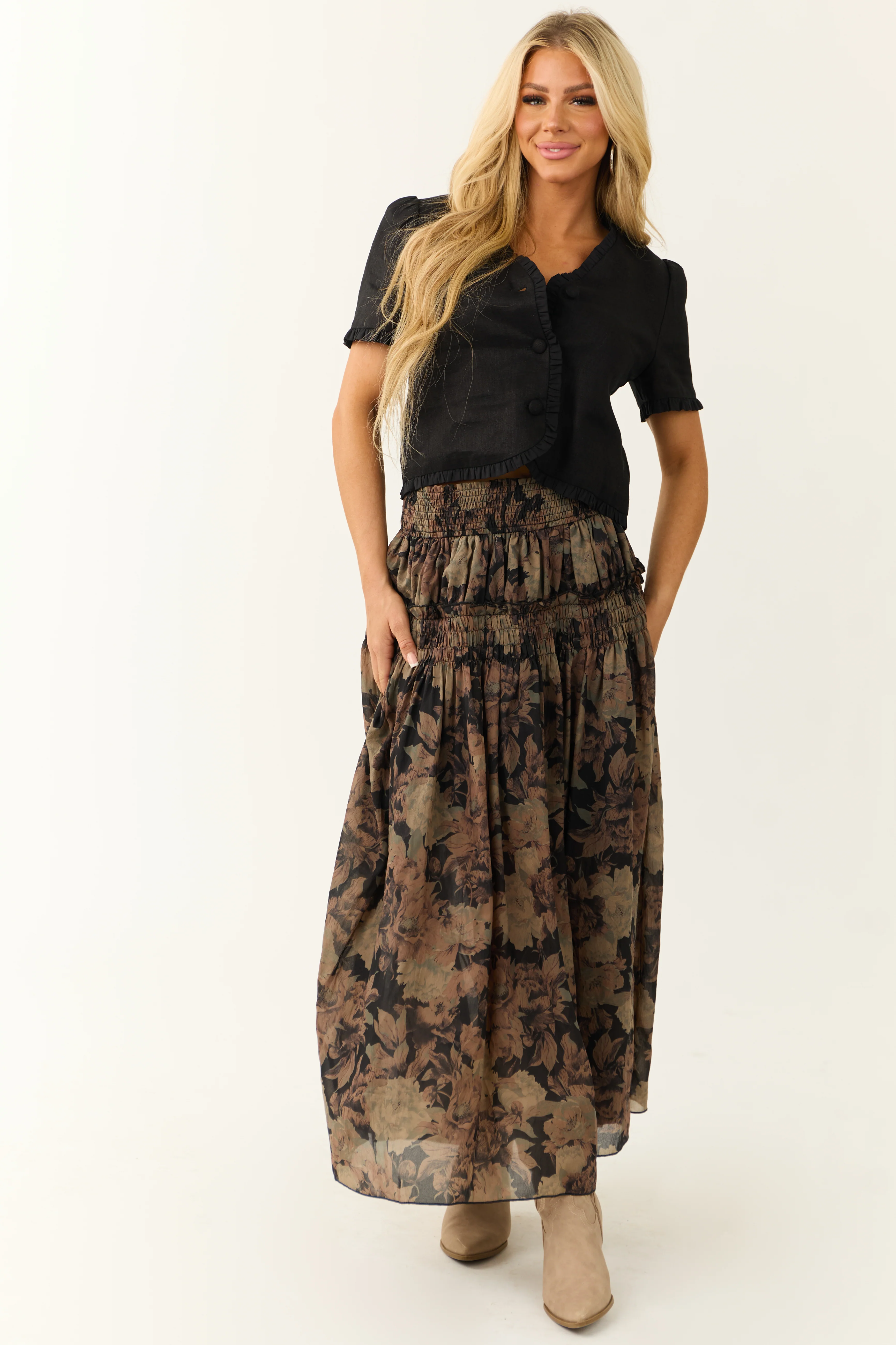 Black Linen Short Sleeve Button Up Blouse - LD SALE