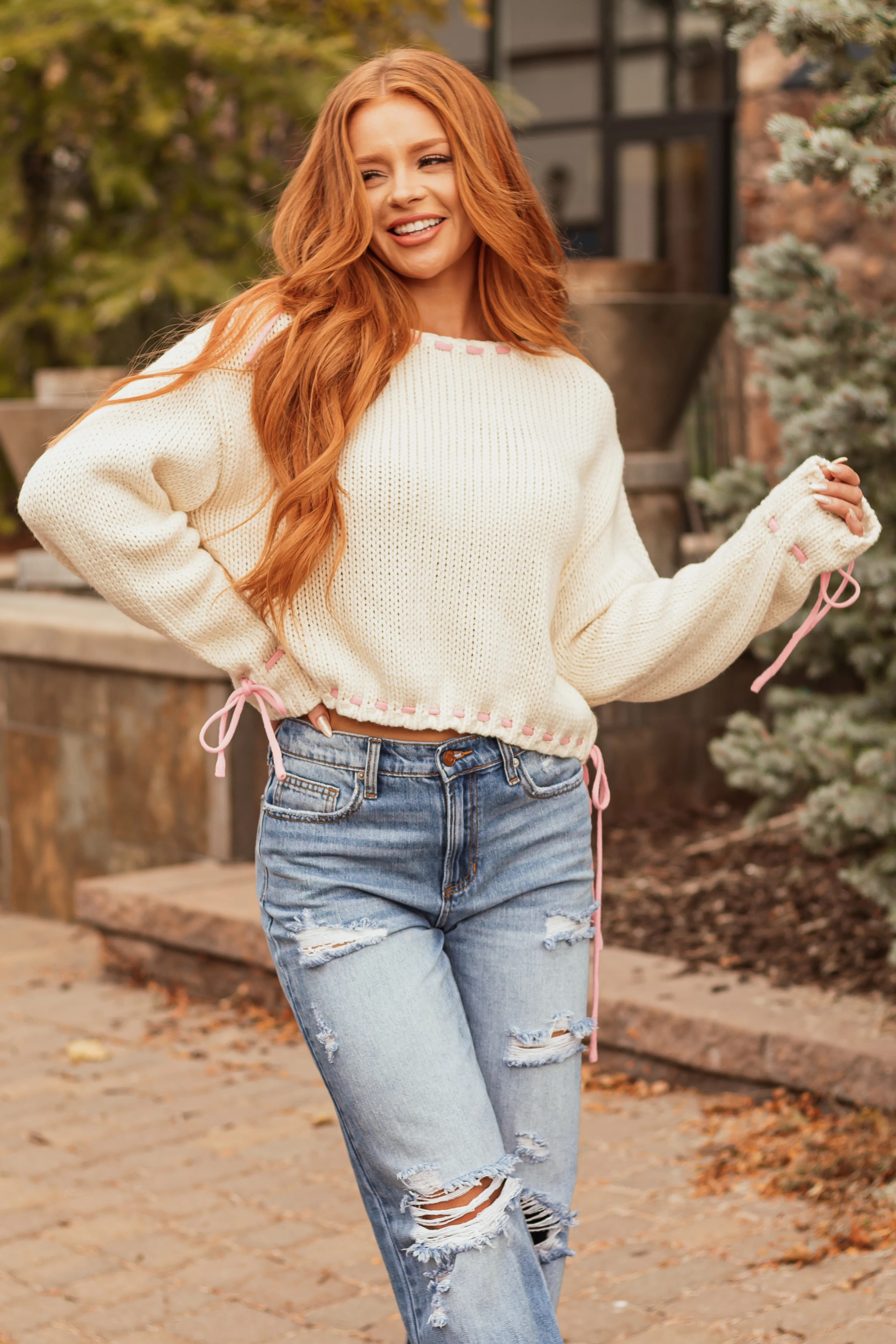 Cream Long Sleeve Tie Cinched Detail Sweater - LD SALE