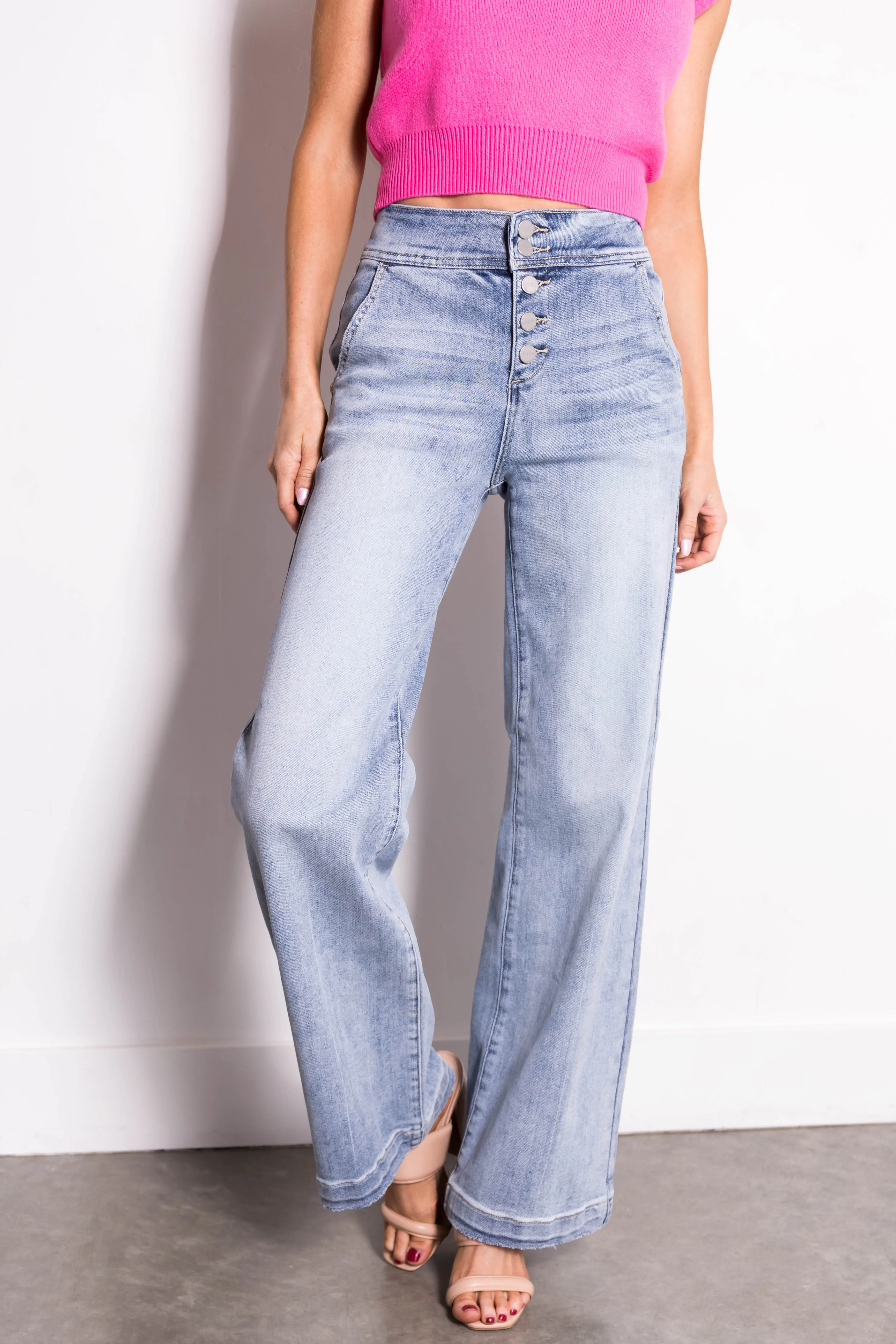 Risen Light High Rise Button Fly Wide Leg Jeans - LD SALE