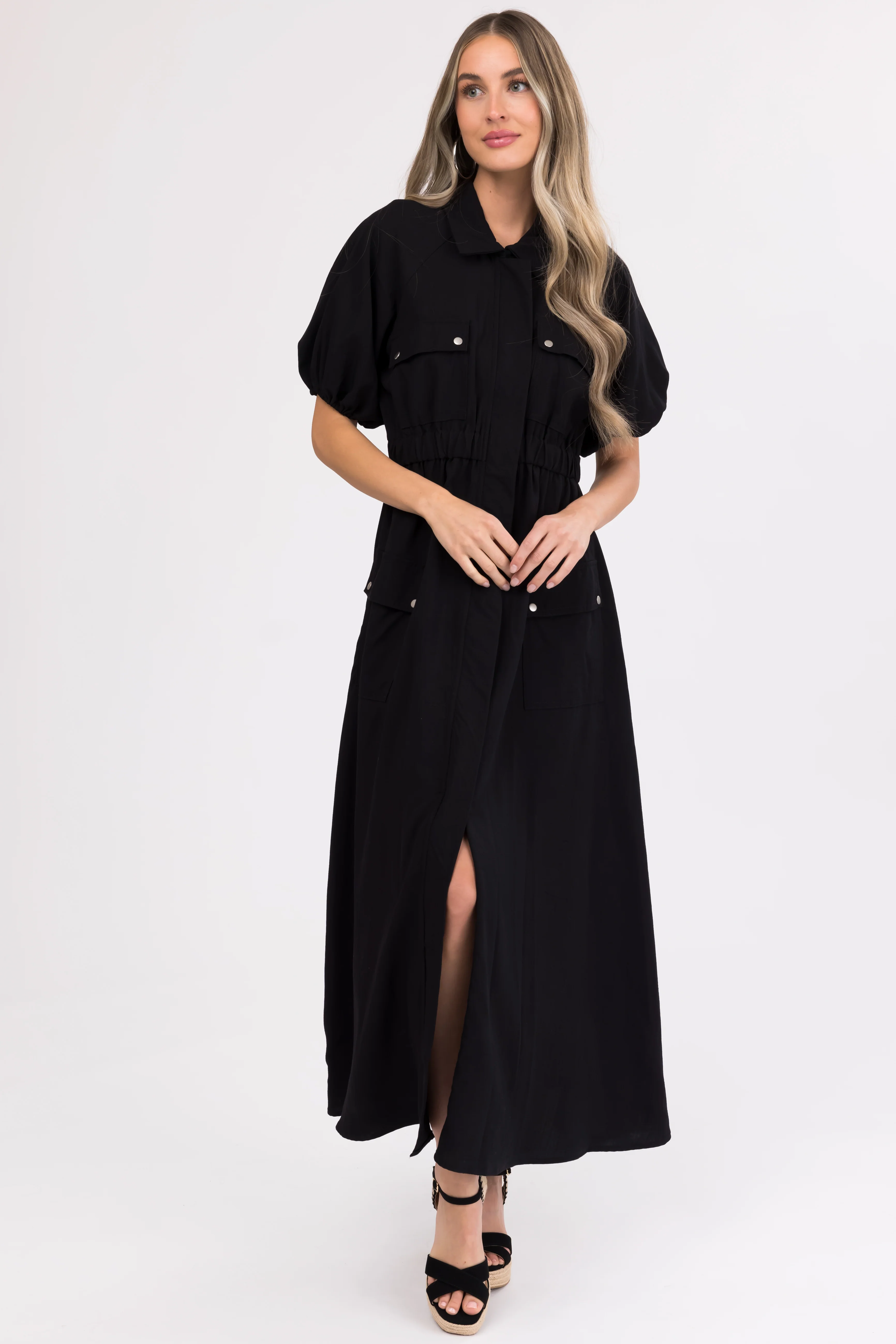 Black Zipper Front Maxi Shirt Dress - LD SALE
