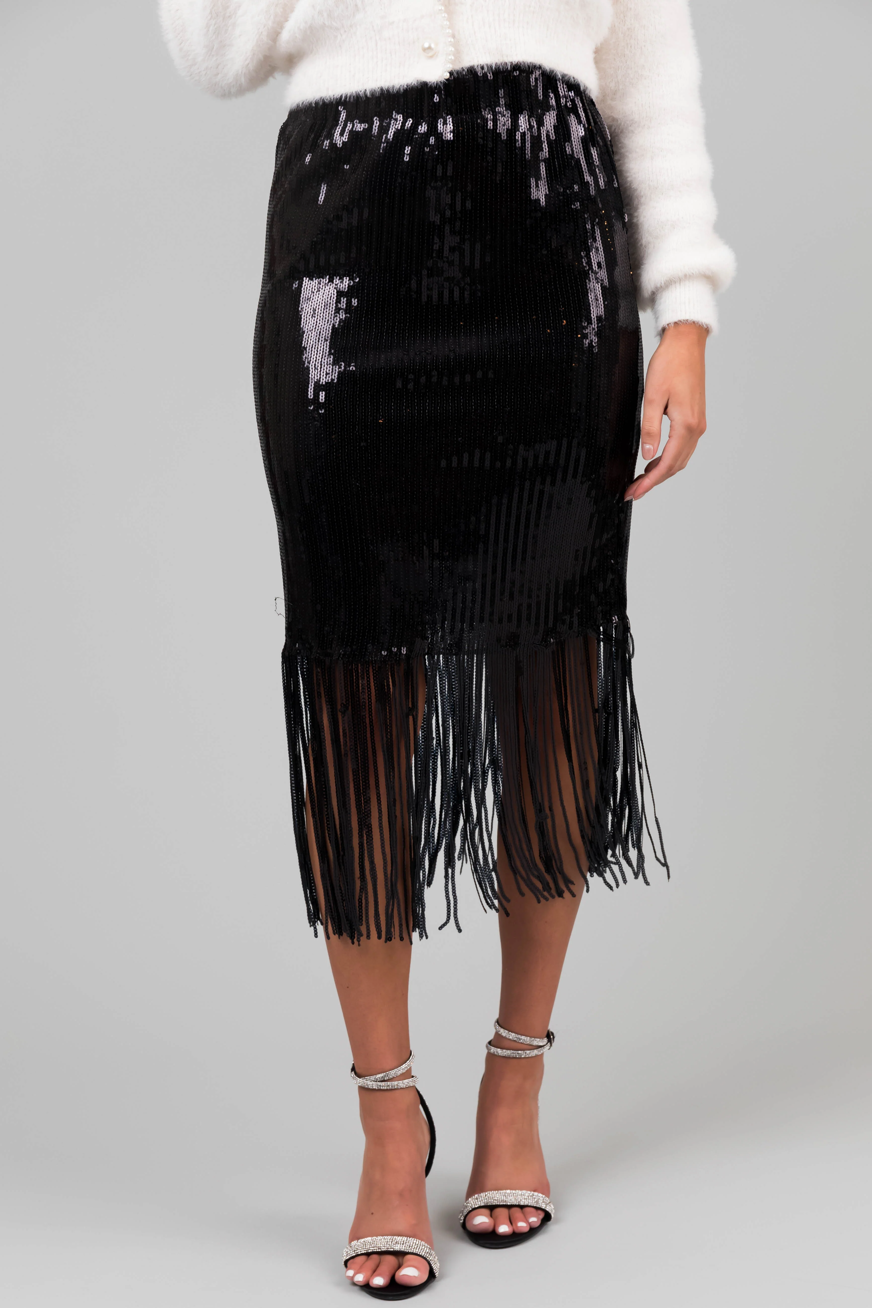 Black Sequin Fringe Hemline Midi Skirt - LD SALE