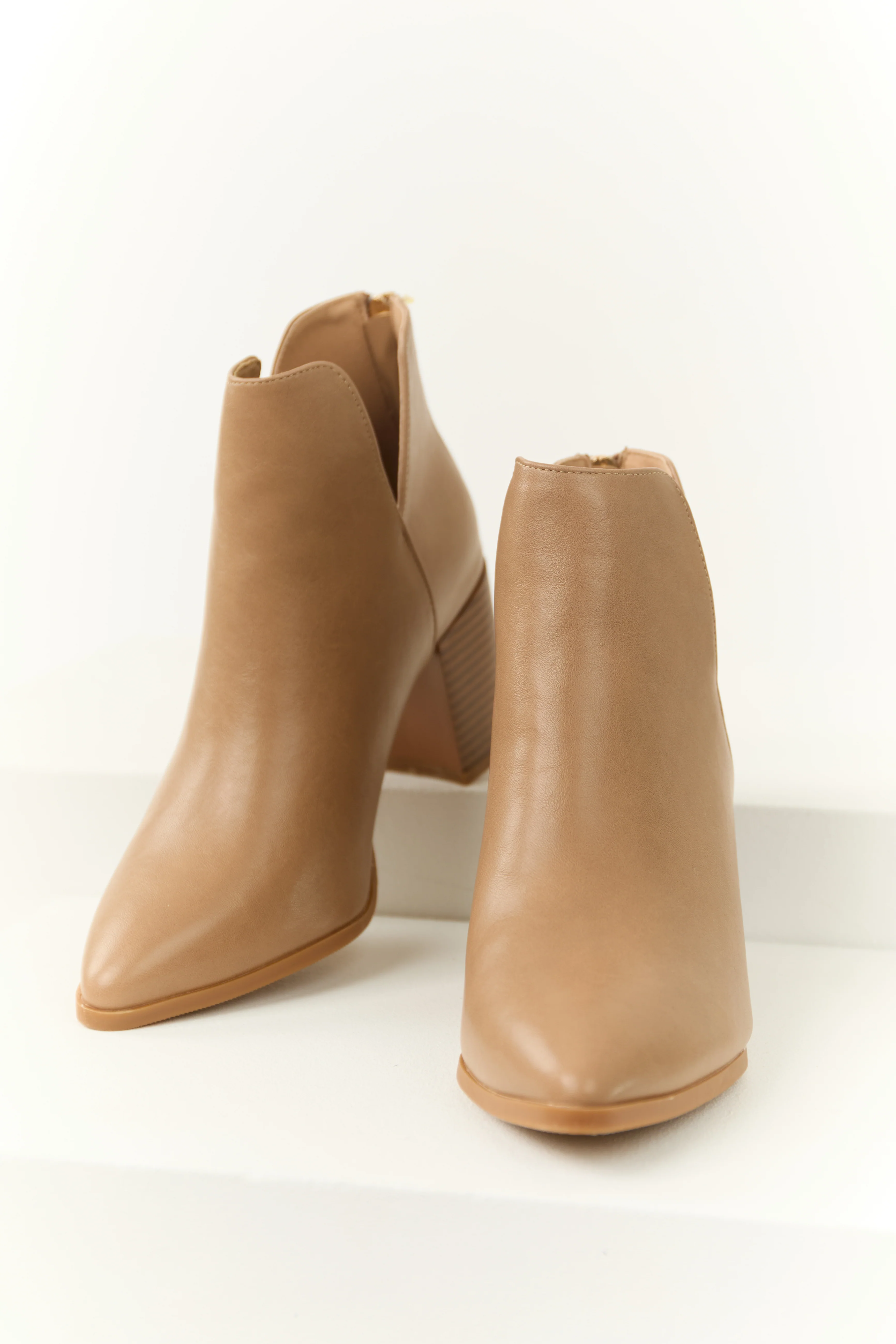 Latte Faux Leather Pointed Toe Block Heel Booties - LD SALE