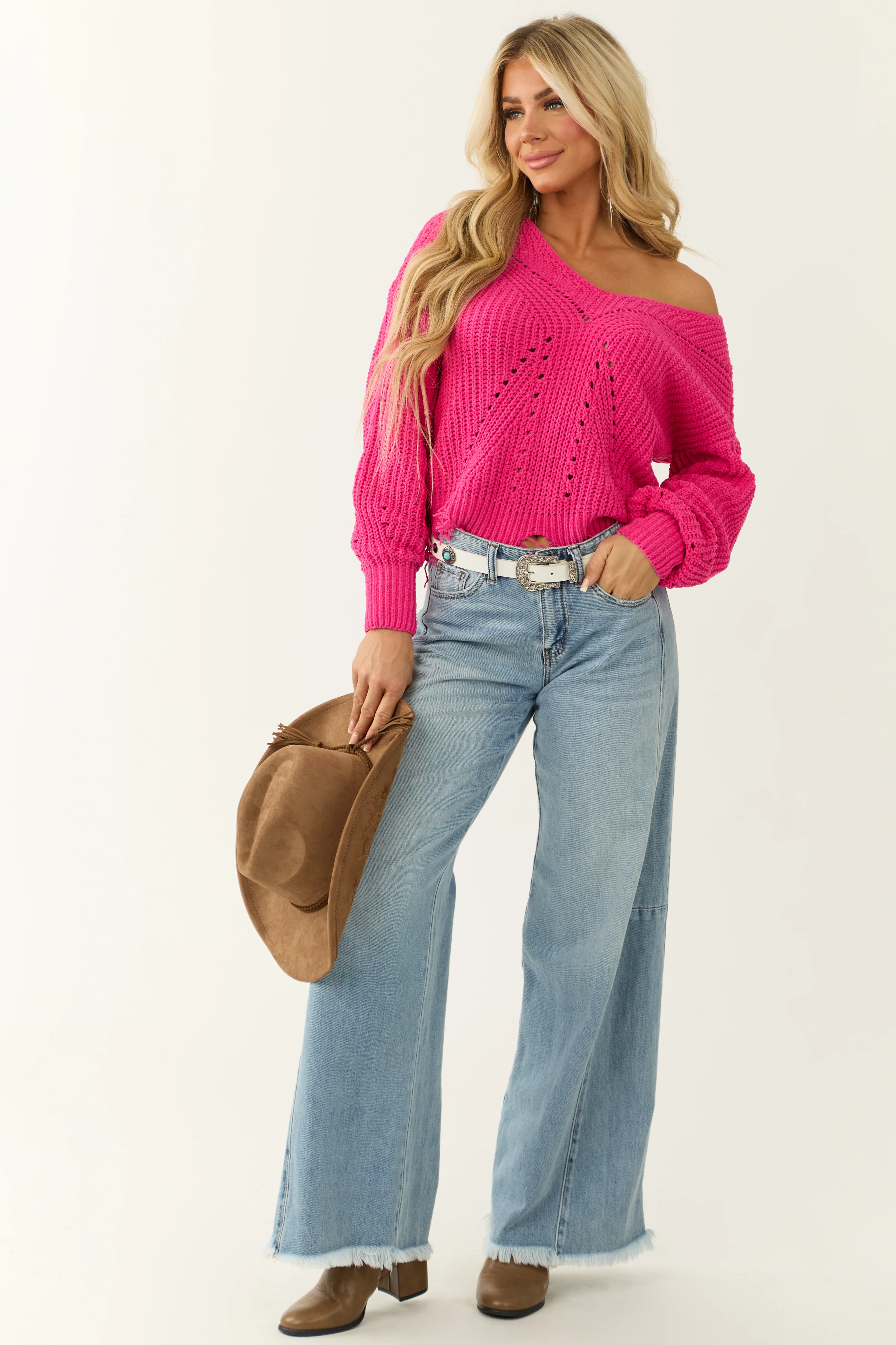 Hot Pink Scalloped Fringe Hem Chenille Sweater - LD SALE