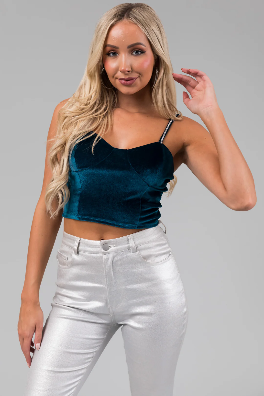 Teal Rhinestone Strap Velvet Bustier Crop Top - LD SALE