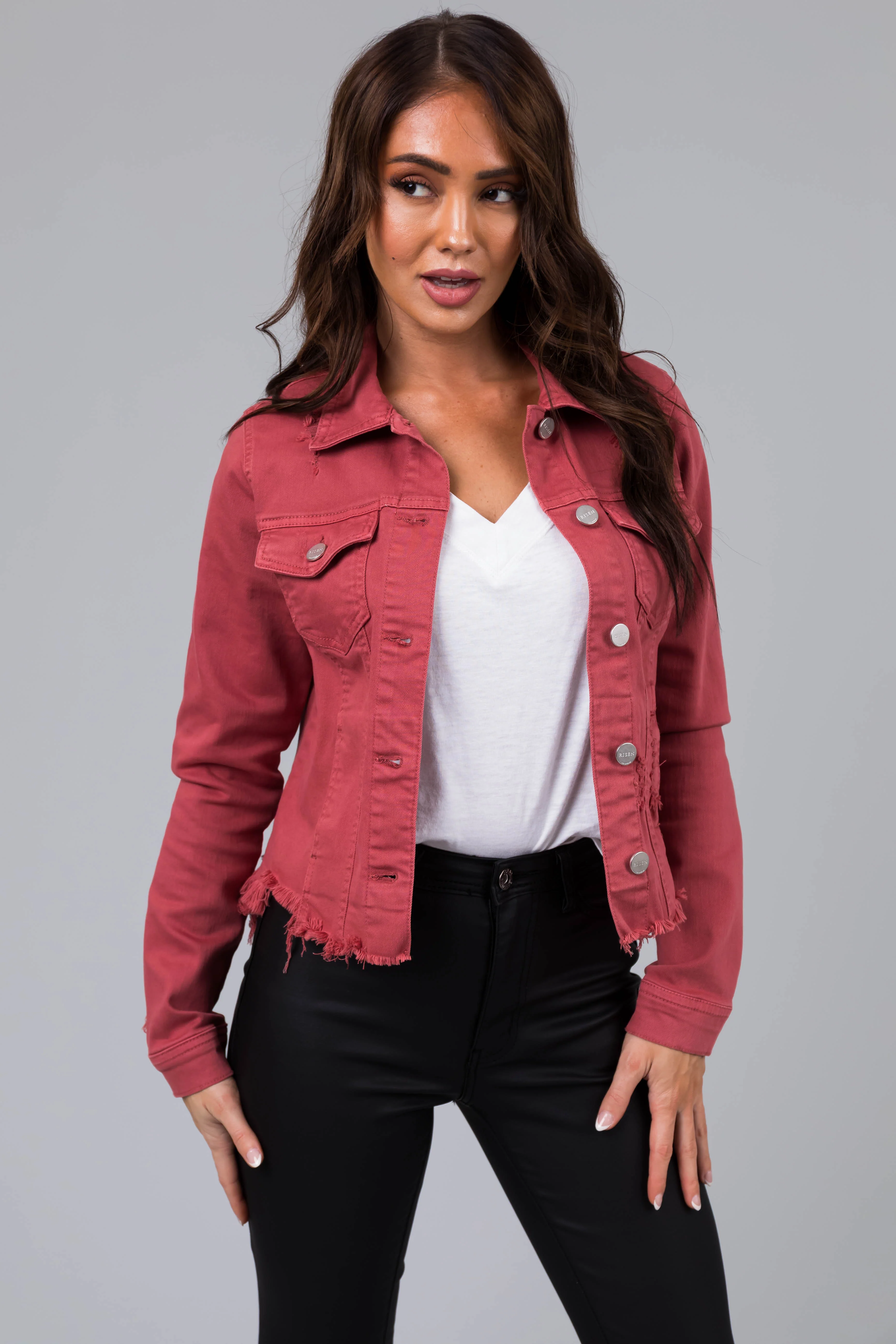 Hibiscus Button Up Distressed Denim Jacket - LD SALE