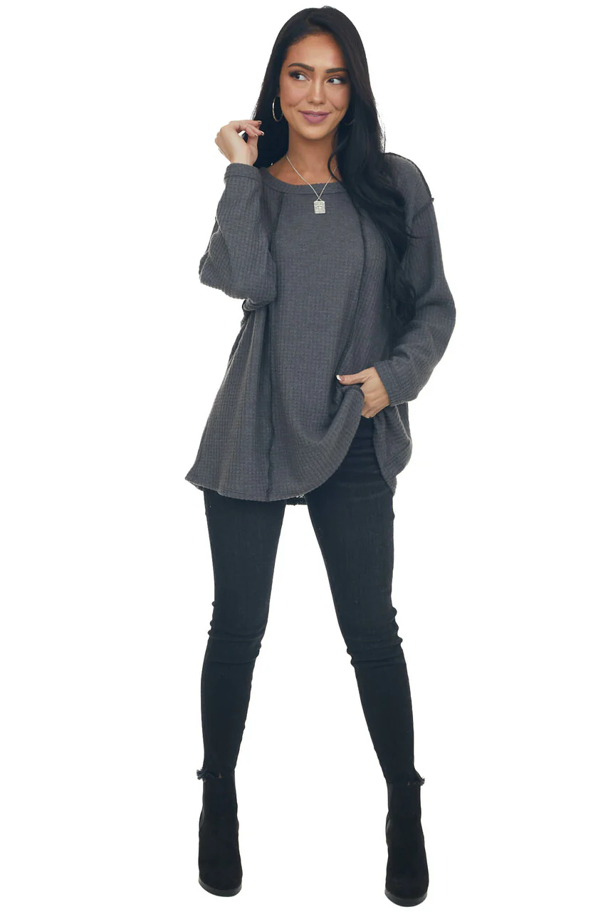 Graphite Long Sleeve Brushed Waffle Knit Top - LD SALE