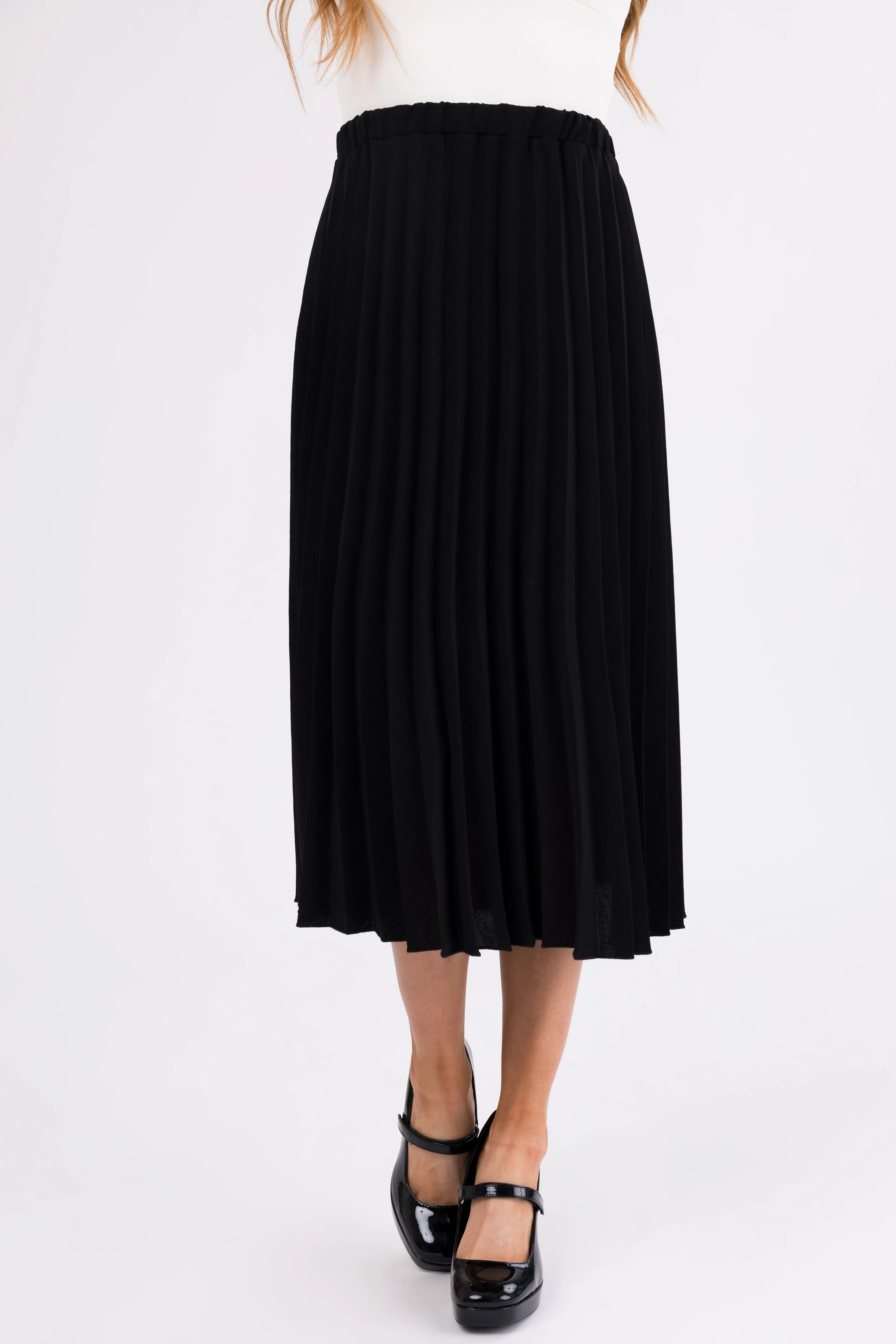 Black Pleated Elastic Waist Midi Skirt - LD SALE