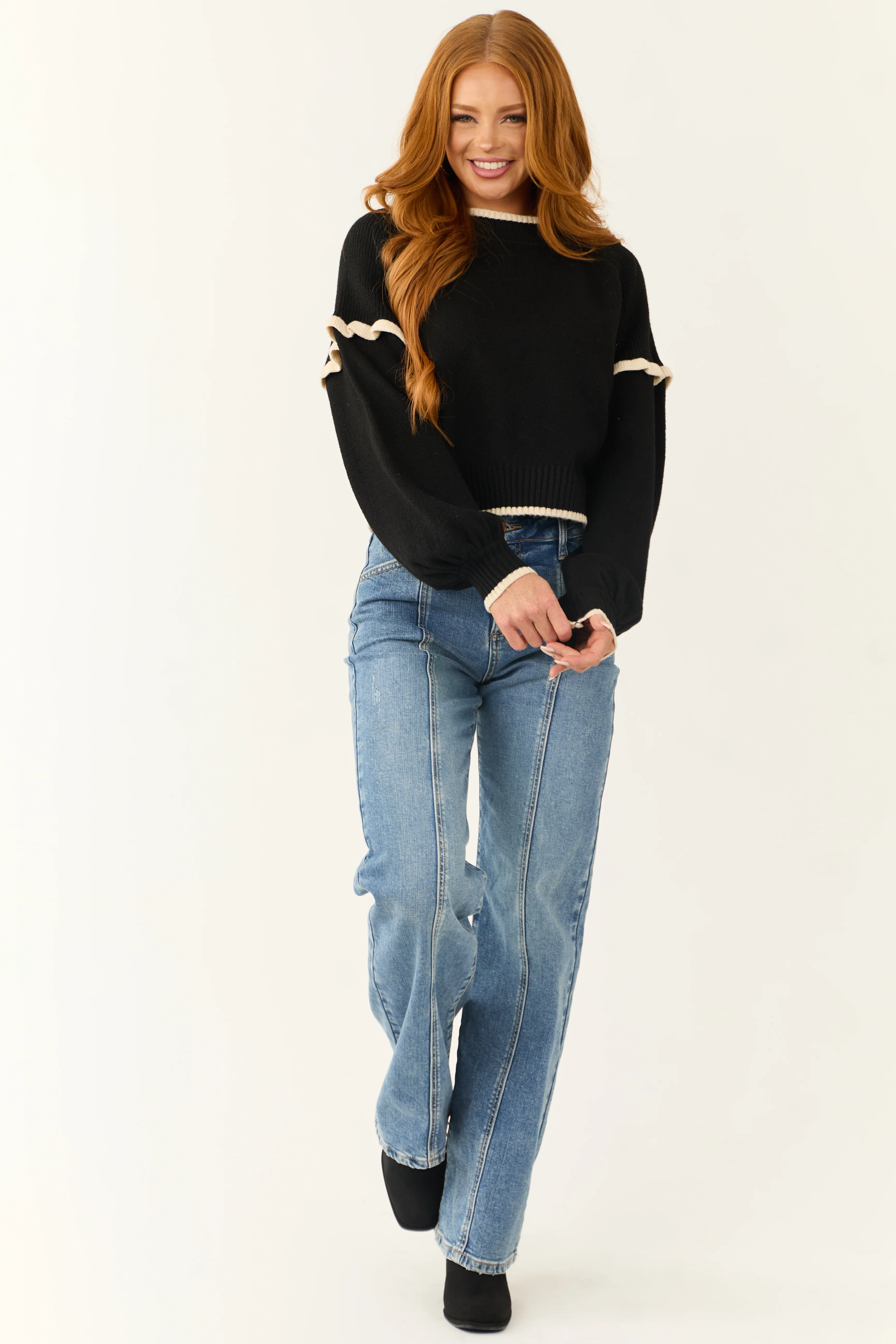 Black Contrast Trim Ruffle Shoulder Sweater - LD SALE