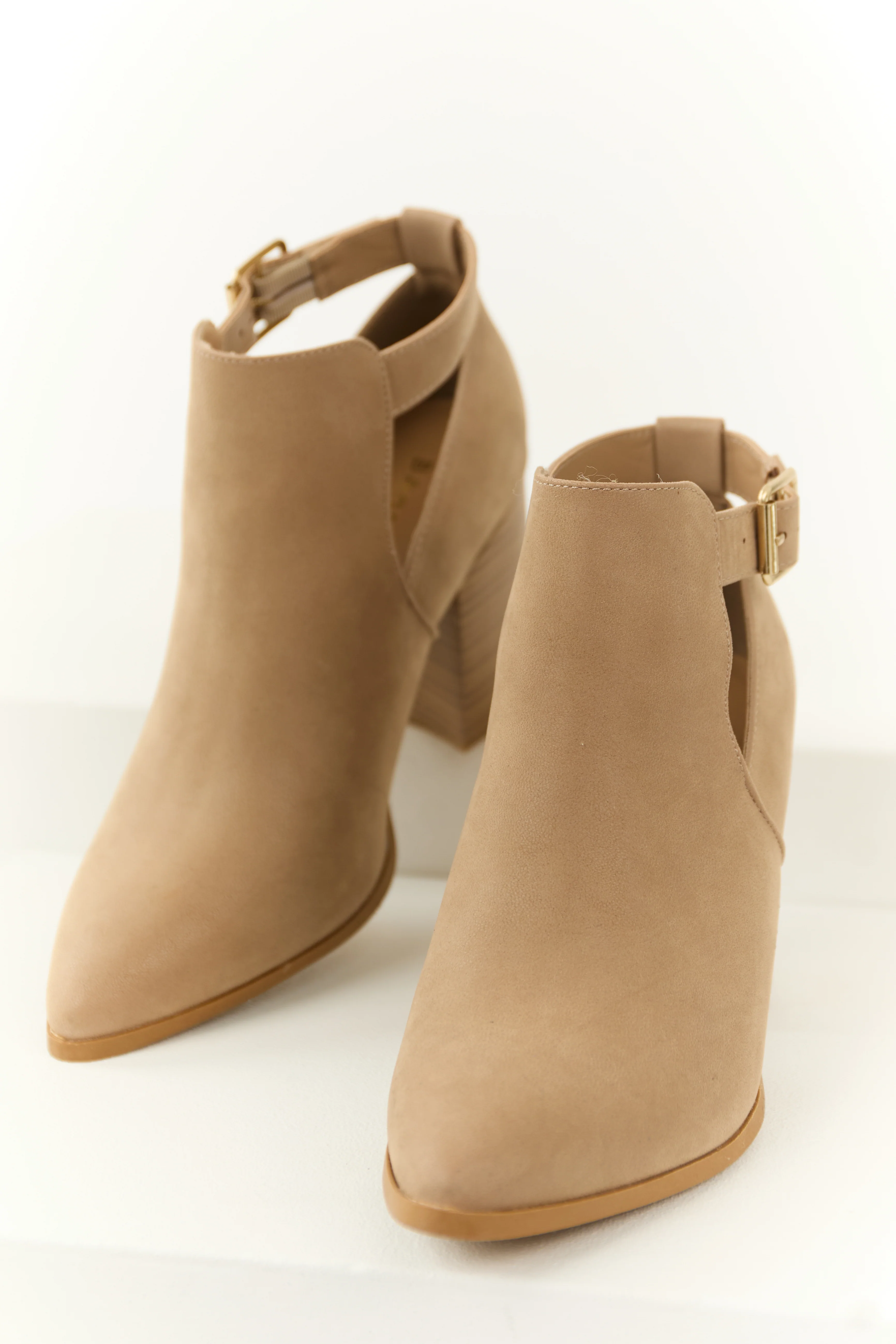 Camel Pointed Toe Block Heel Ankle Buckle Booties - LD SALE