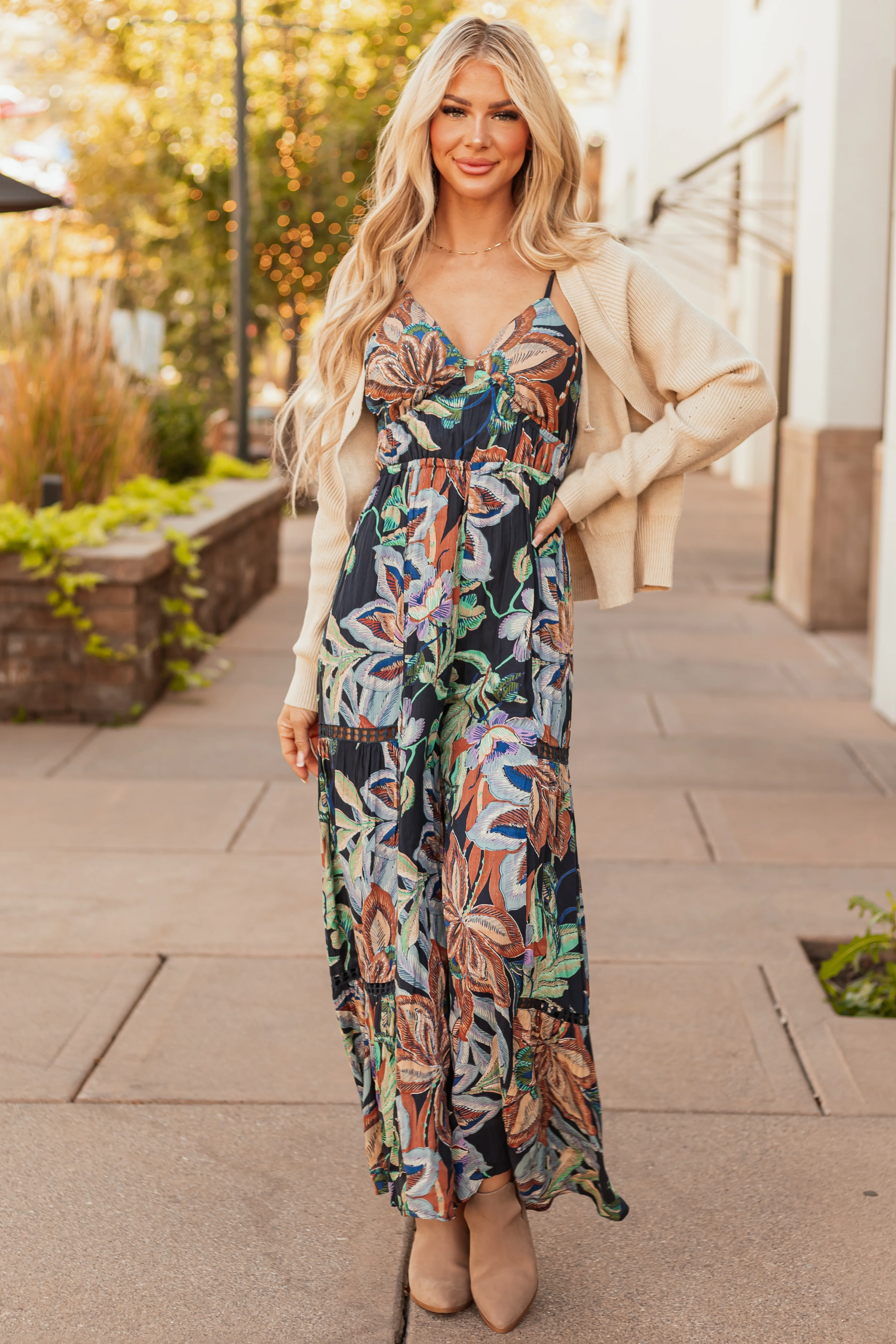 Navy Floral Print Open Back Wide Leg Jumpsuit - LD SALE