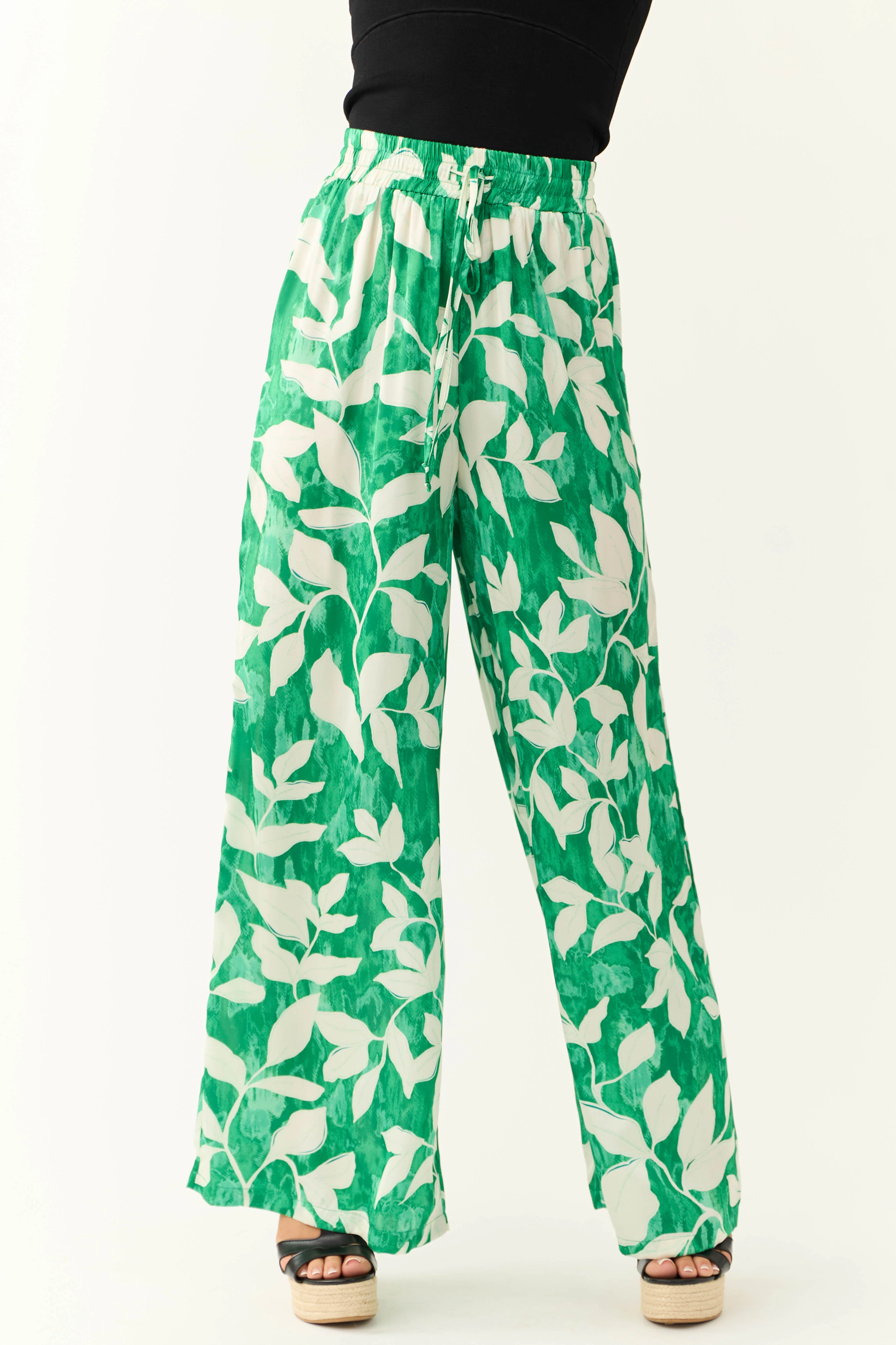 Flying Tomato Jade Leaf Print Satin Pants - LD SALE