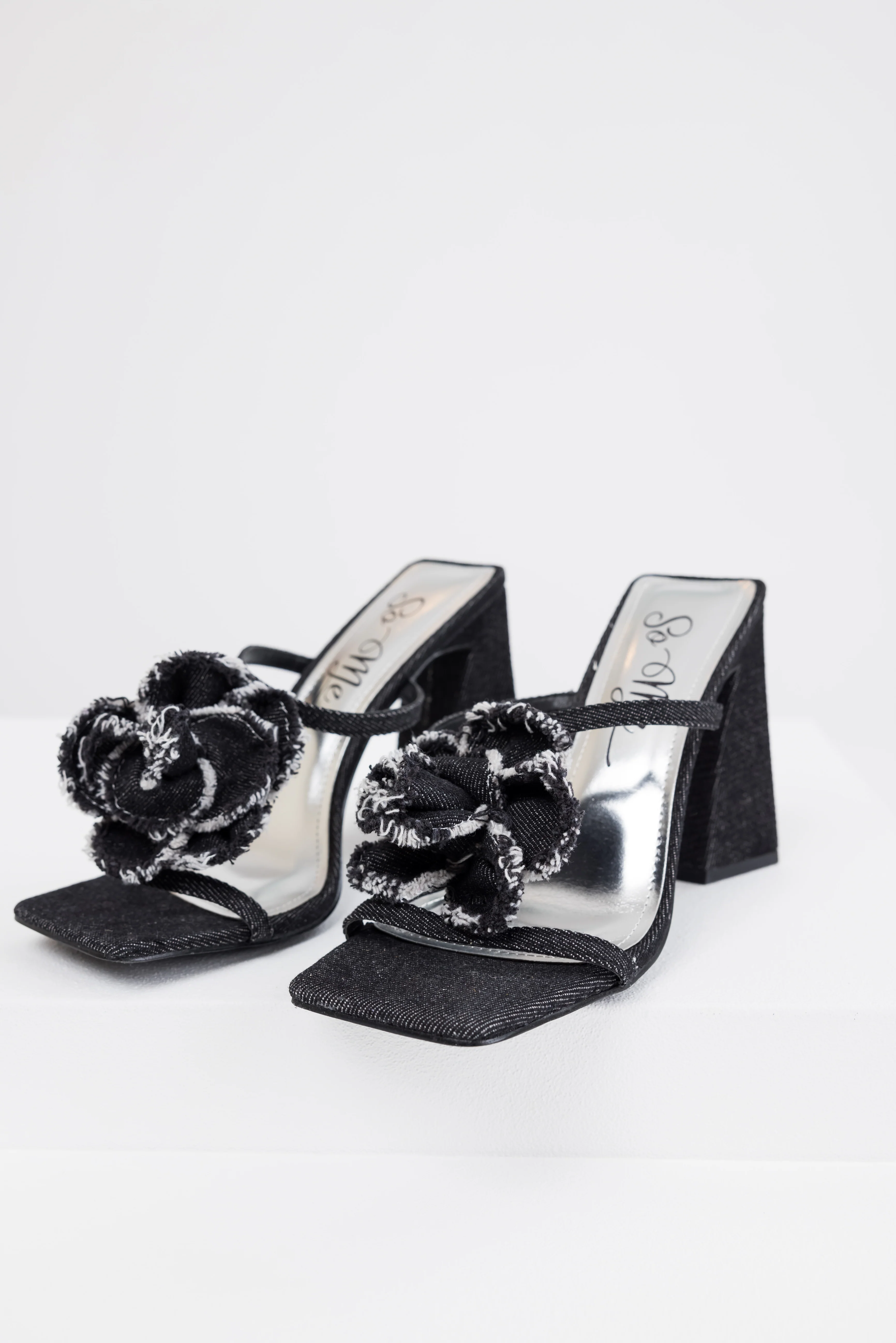 Black Denim Flower Detail Square Toe Heels - LD SALE