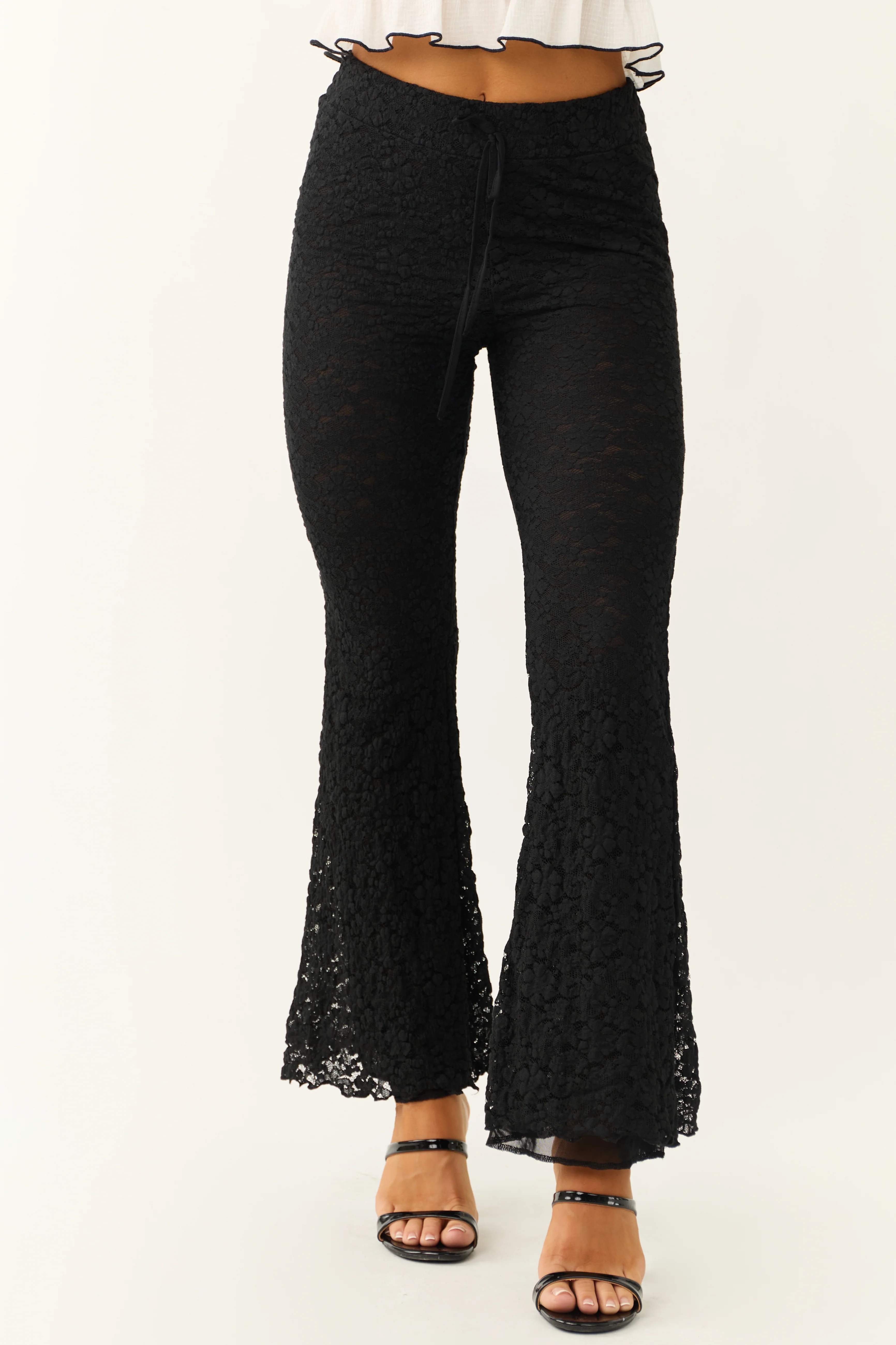 Black Floral Lace Flare Leg Waist Tie Pants - LD SALE