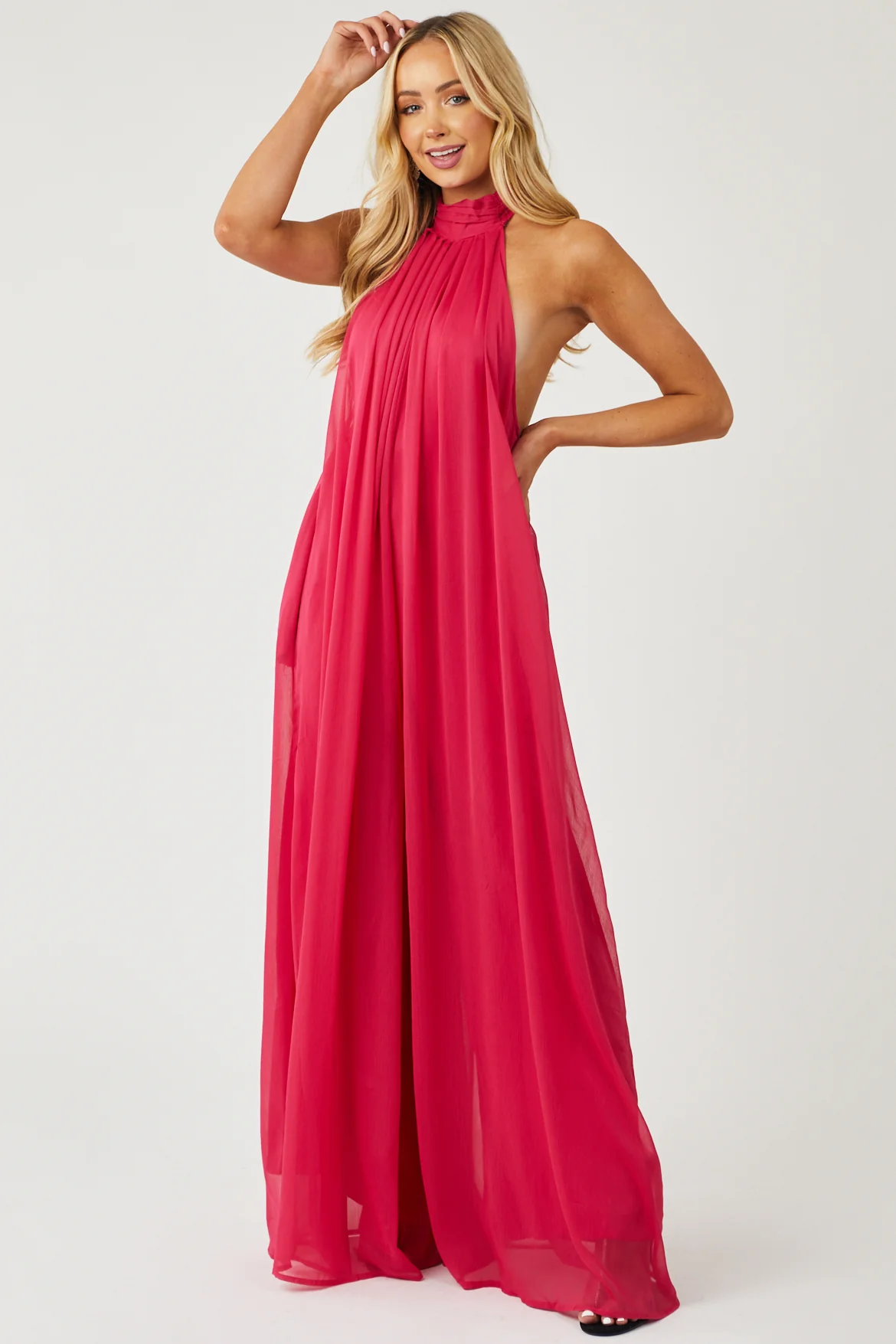 Hot Pink Lined Chiffon Wide Leg Halter Jumpsuit - LD SALE