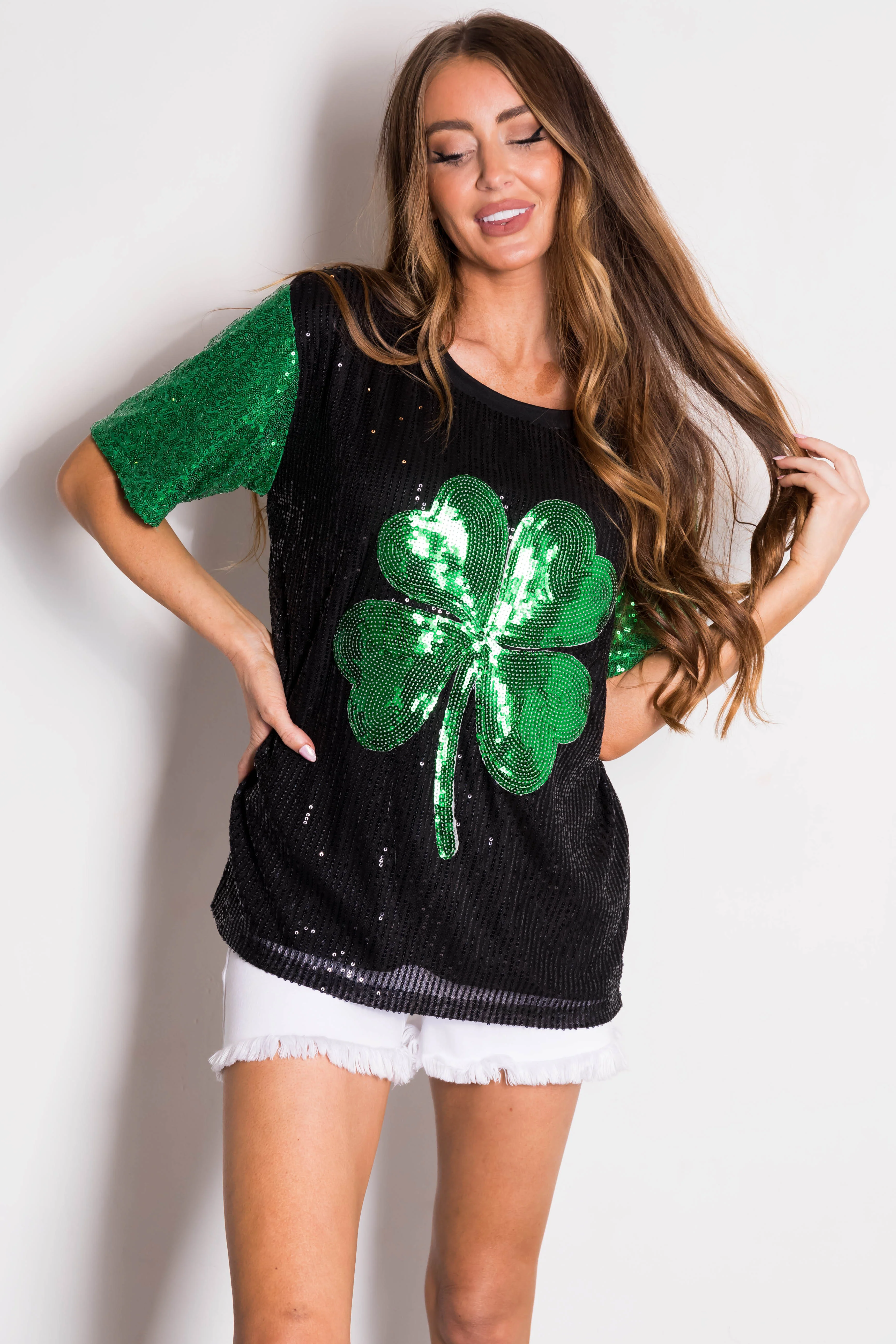 Black Sequined Clover Graphic Half Sleeve Top - LD SALE