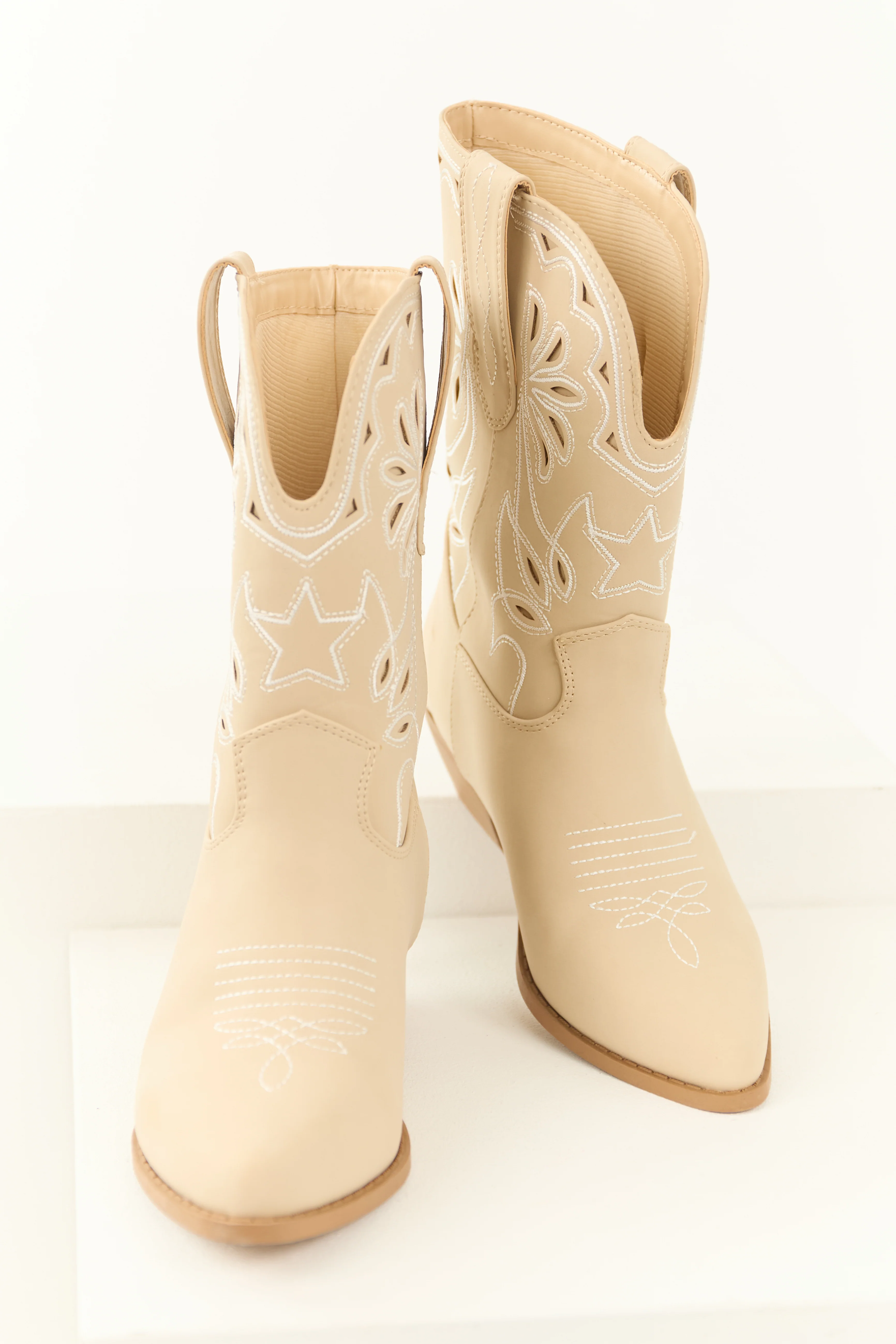 Almond Faux Suede Mid Calf Embroidered Boots - LD SALE