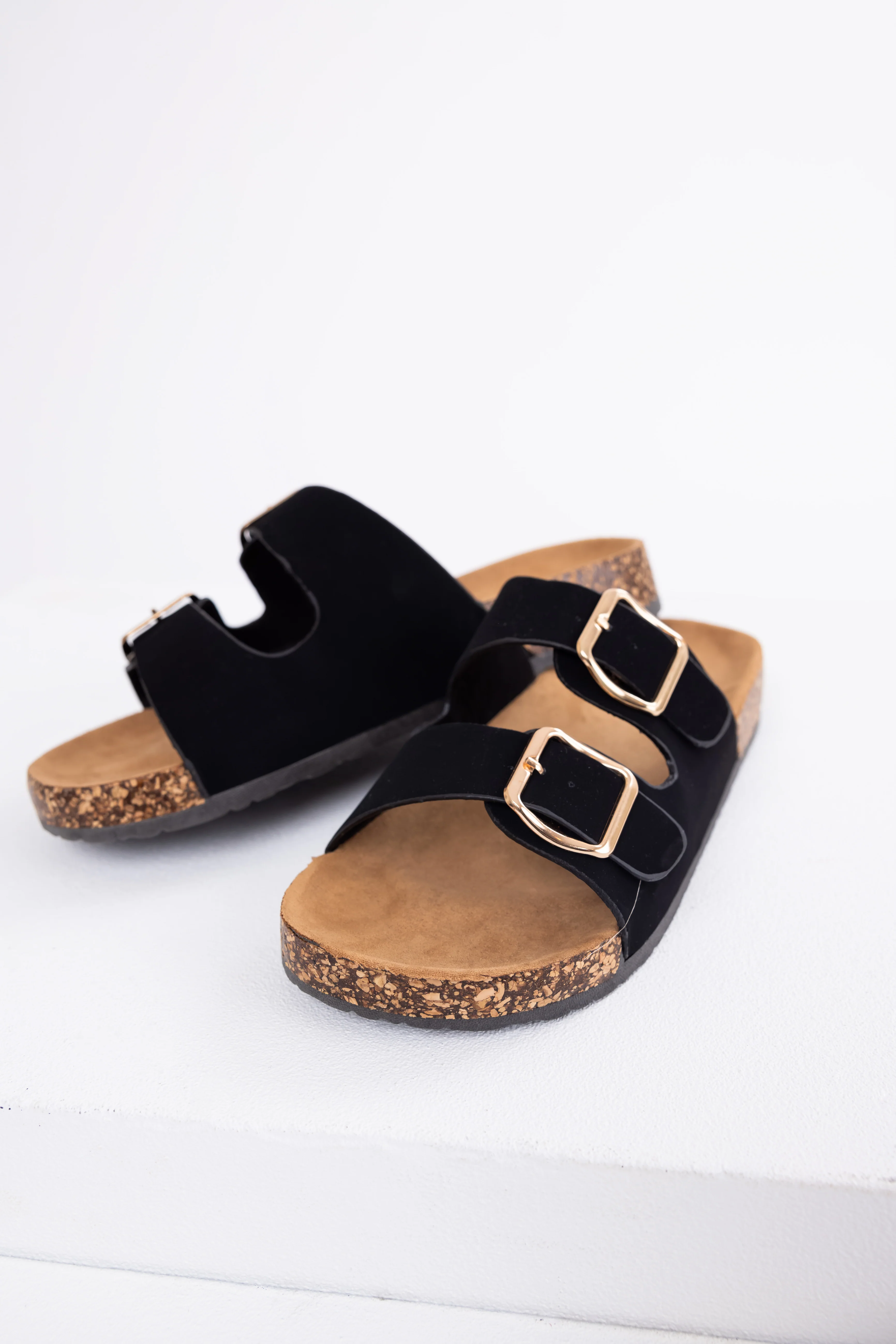 Black Double Buckle Slide On Sandals - LD SALE