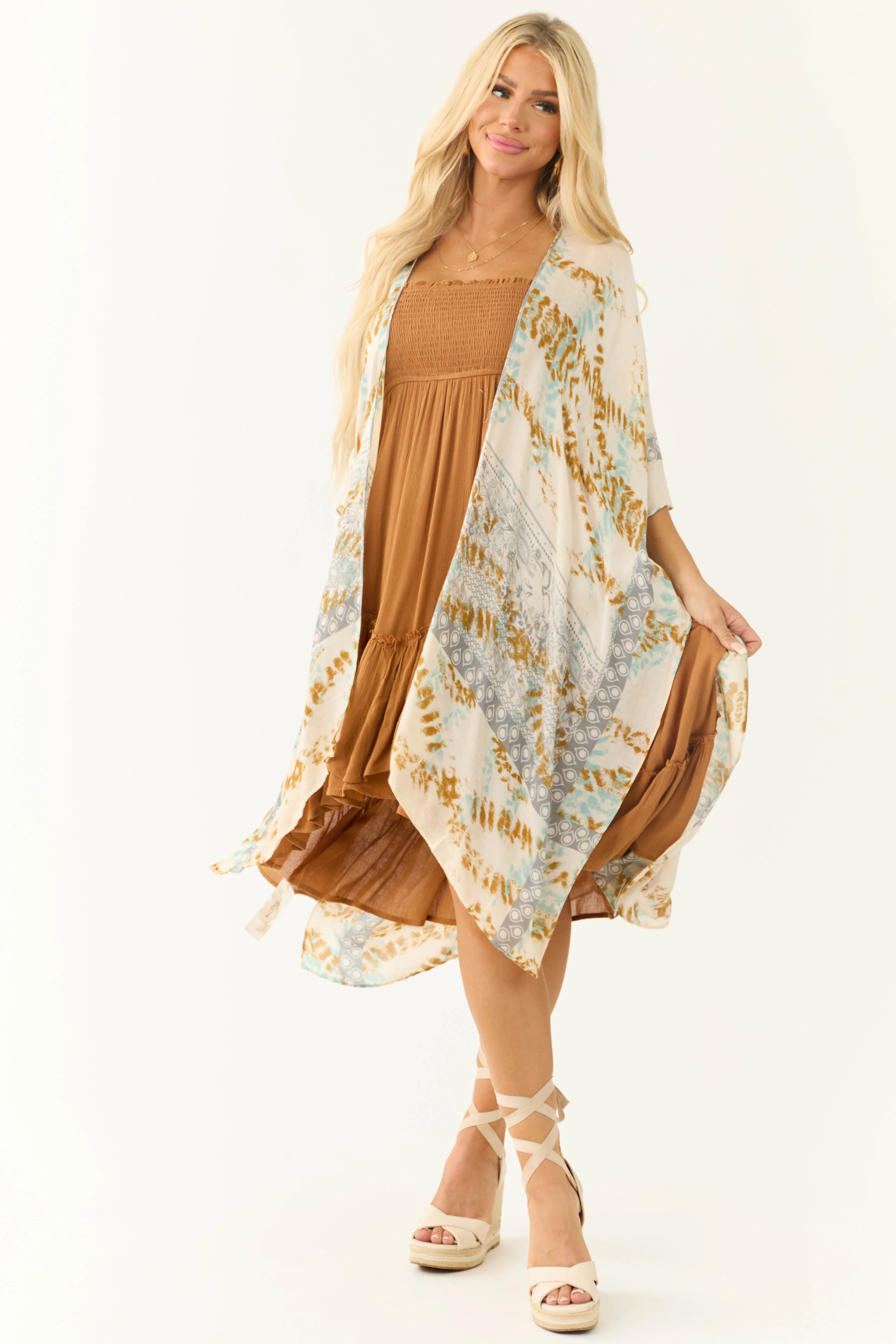 Buttercream Abstract Print Side Slit Kimono - LD SALE