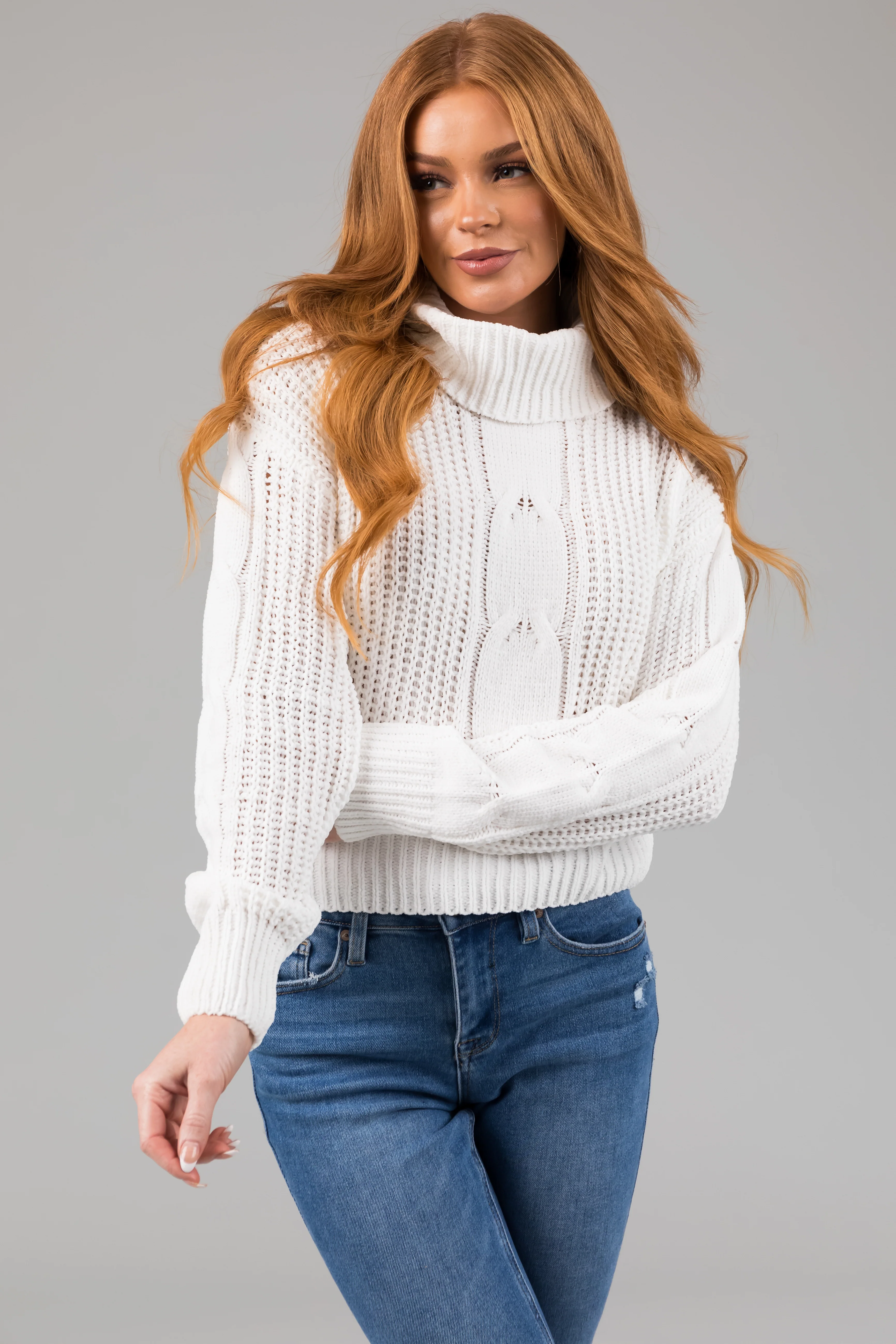 Ivory Turtleneck Cable Knit Chenille Sweater - LD SALE