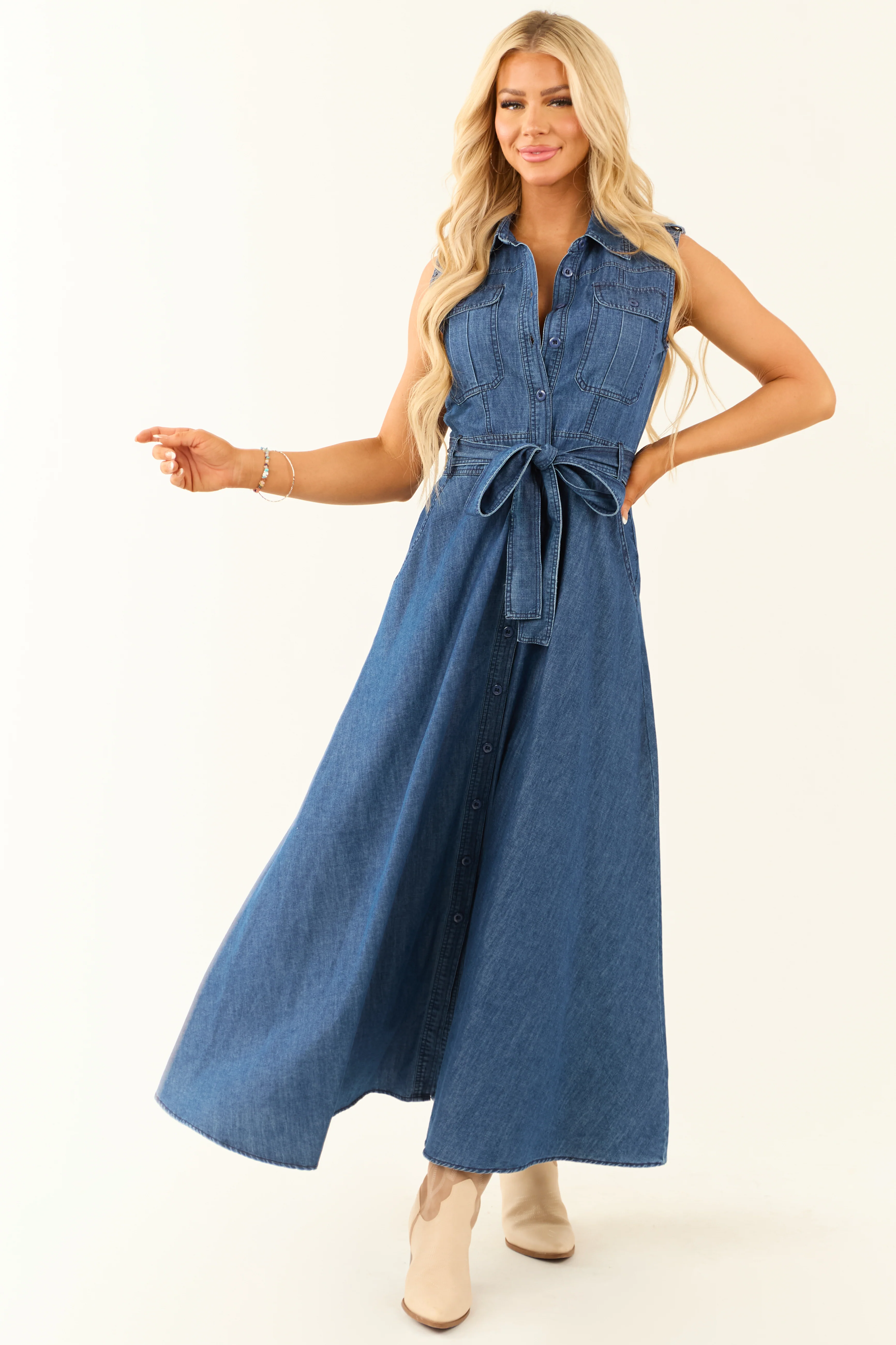Medium Wash Denim Button Down Sleeveless Maxi Dress - LD SALE