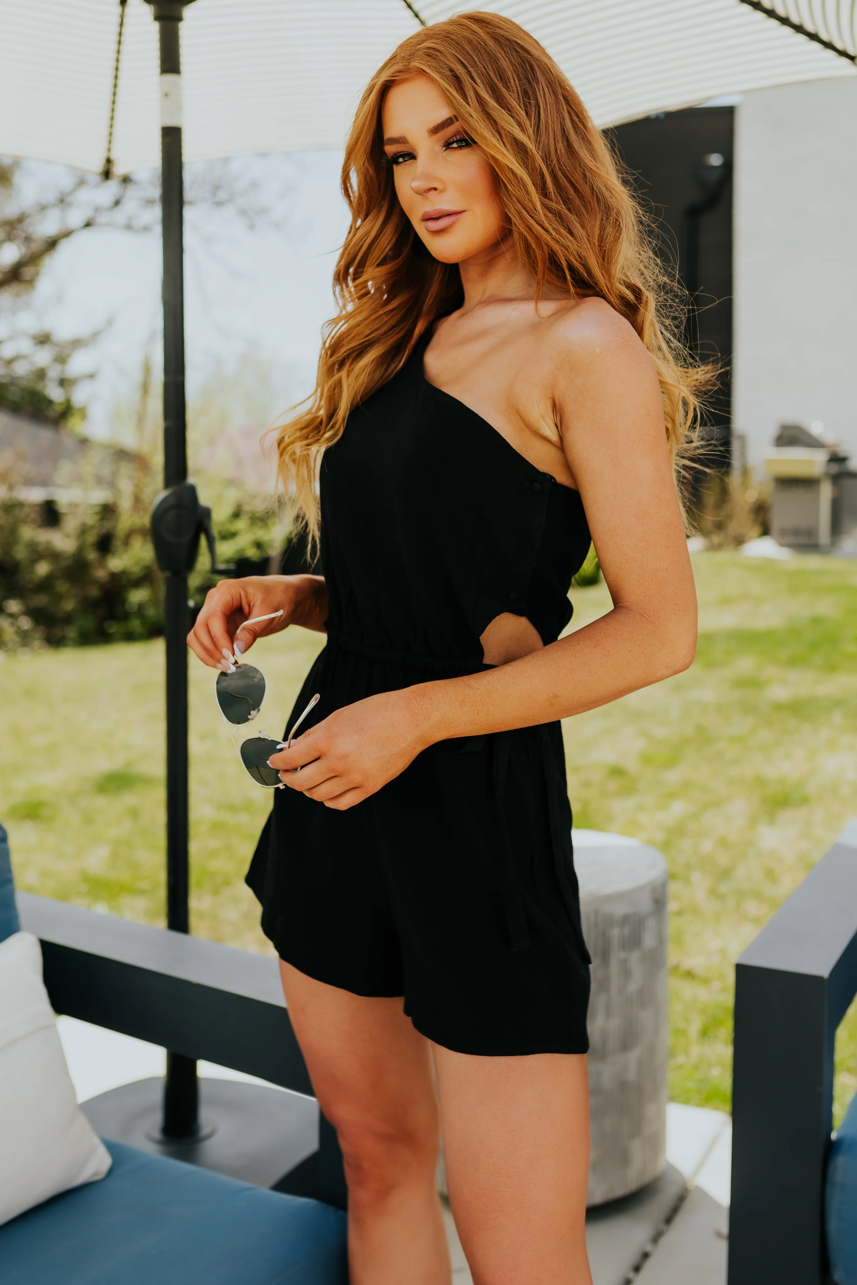 Black One Shoulder Waist Cut Out Romper - LD SALE