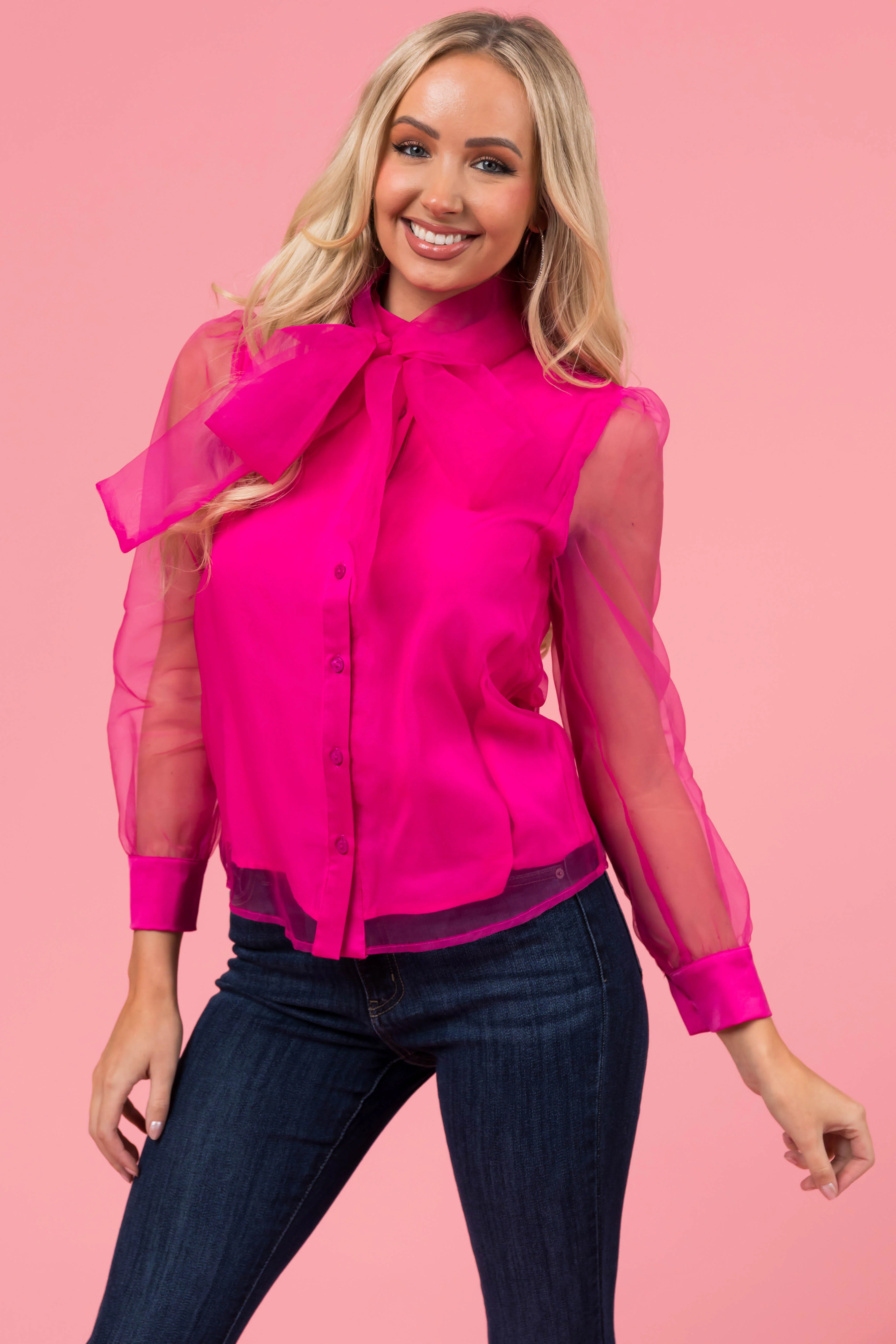 Magenta Organza Fabric Button Up Neck Tie Blouse - LD SALE