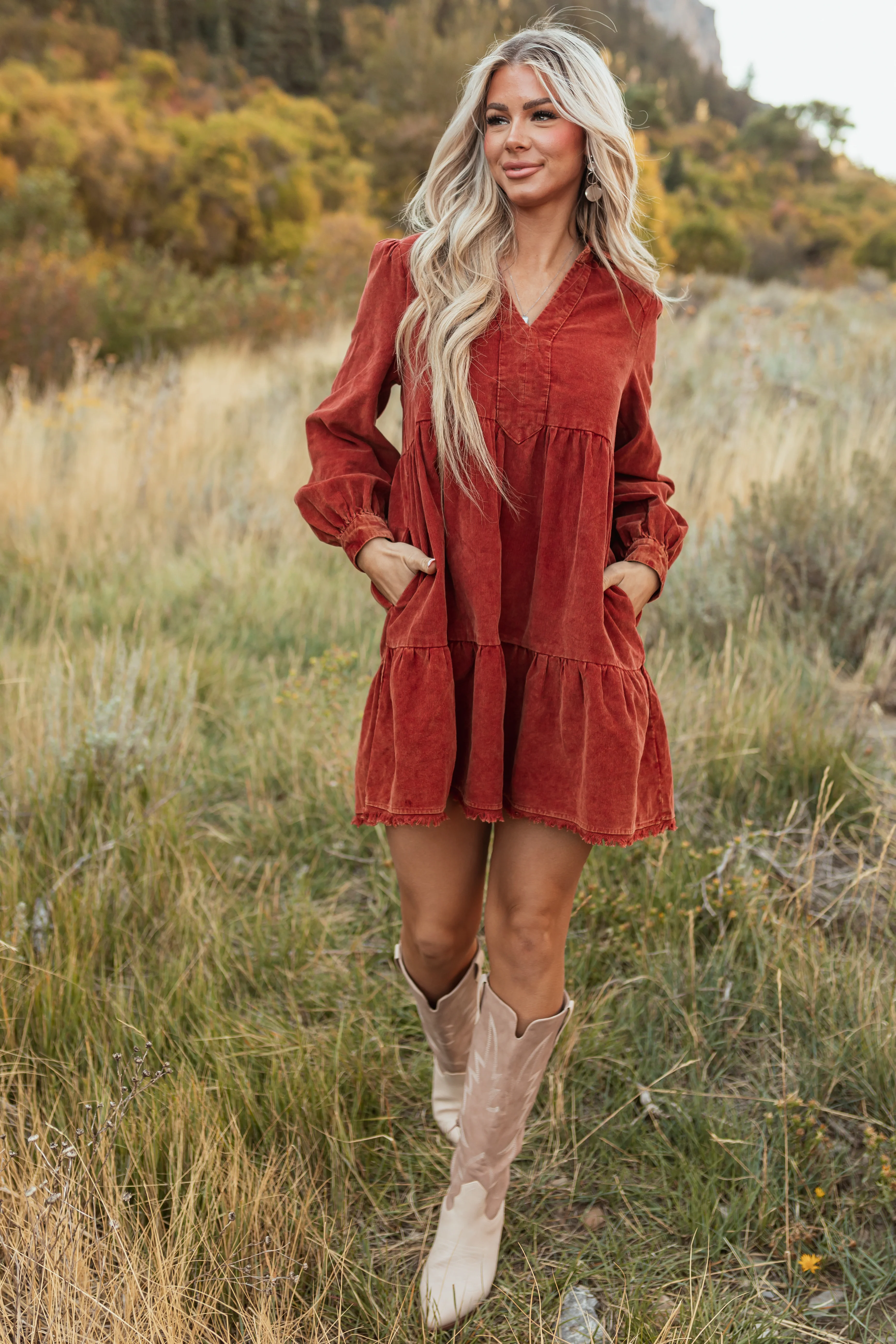 Dusty Rust Washed Corduroy Tiered Short Dress - LD SALE