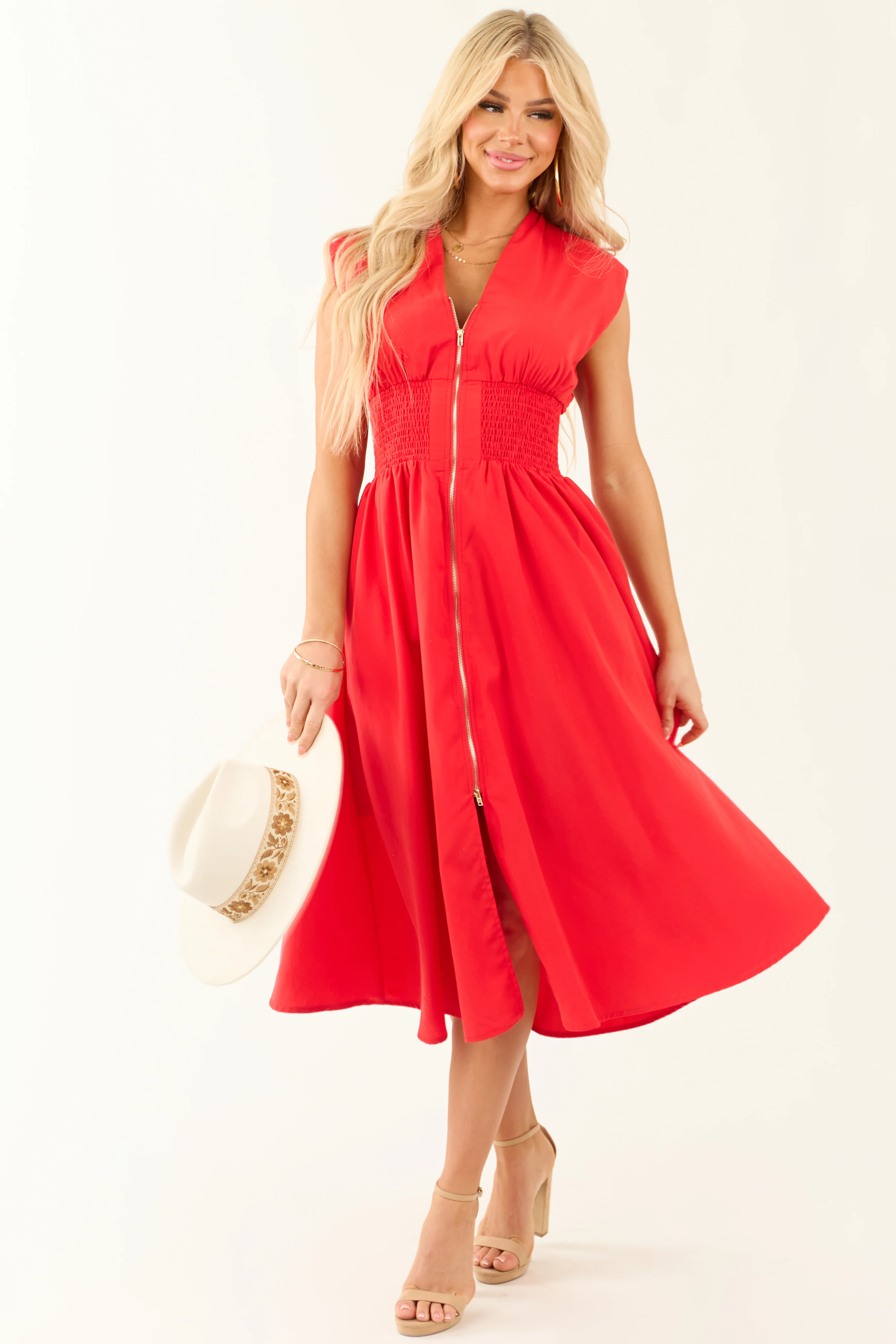 Lipstick Sleeveless V Neck Zipper Front Midi Dress - LD SALE