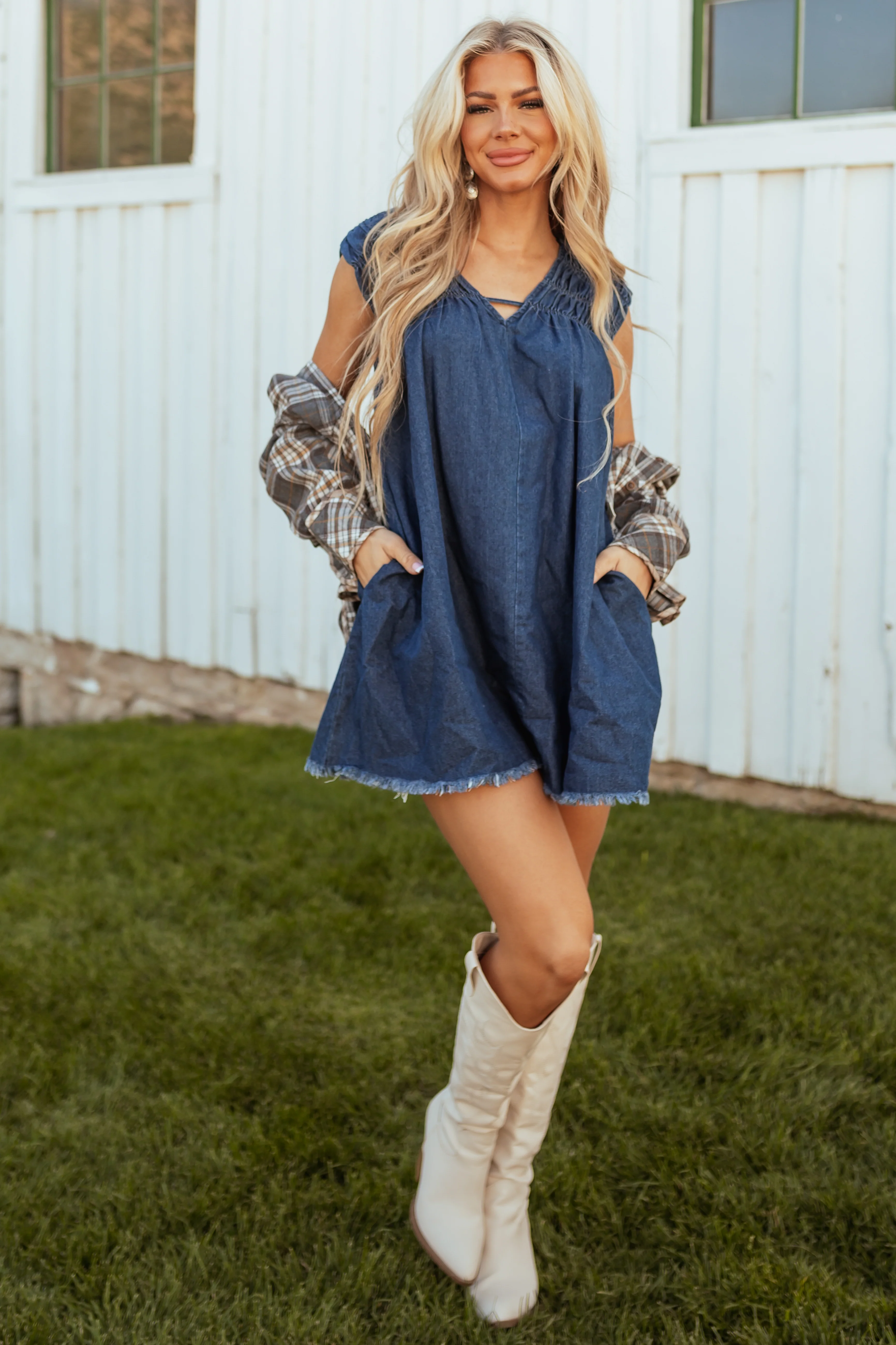 Dark Wash Denim V Neck Shift Dress - LD SALE