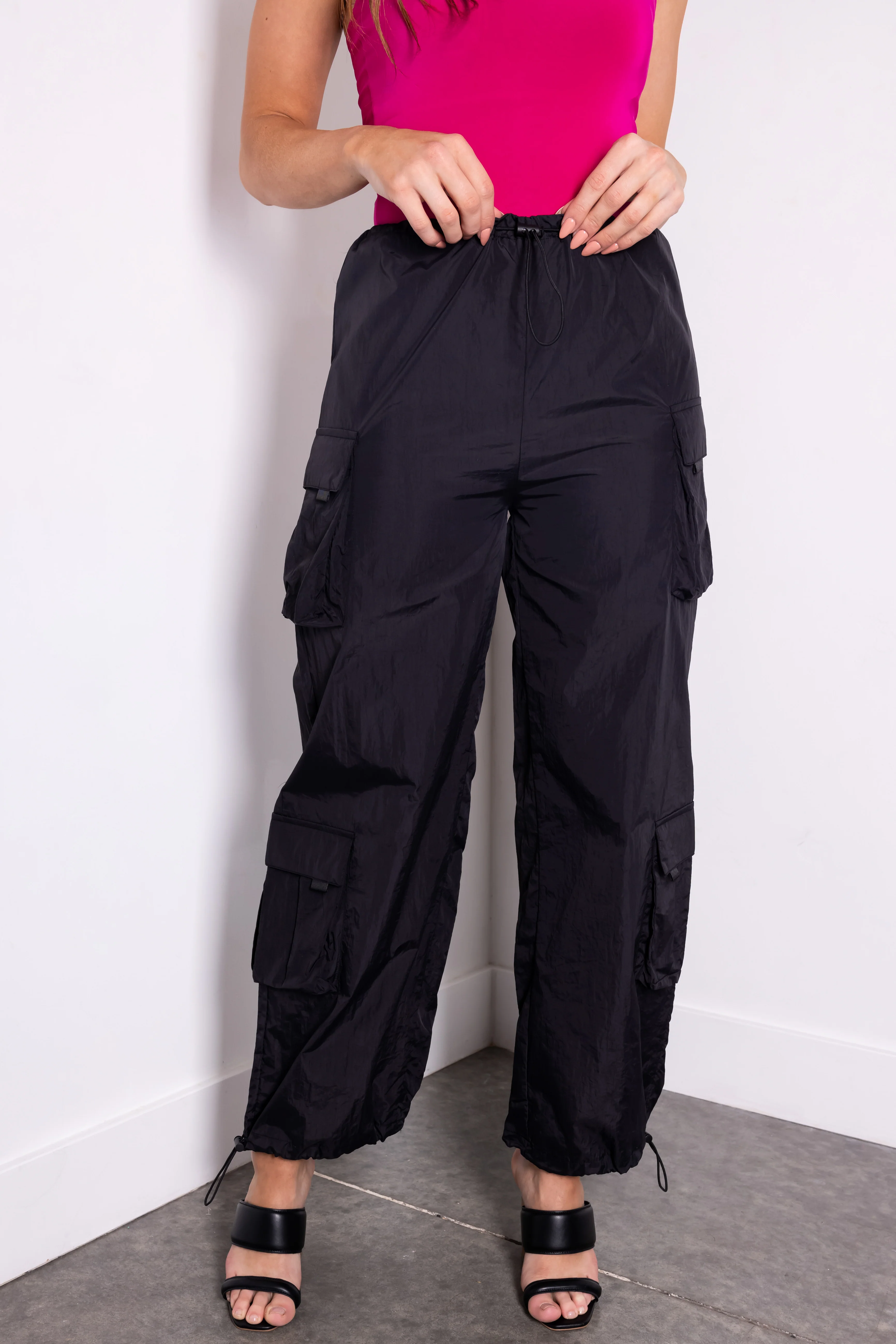 Black Drawstring Cargo Parachute Pants - LD SALE