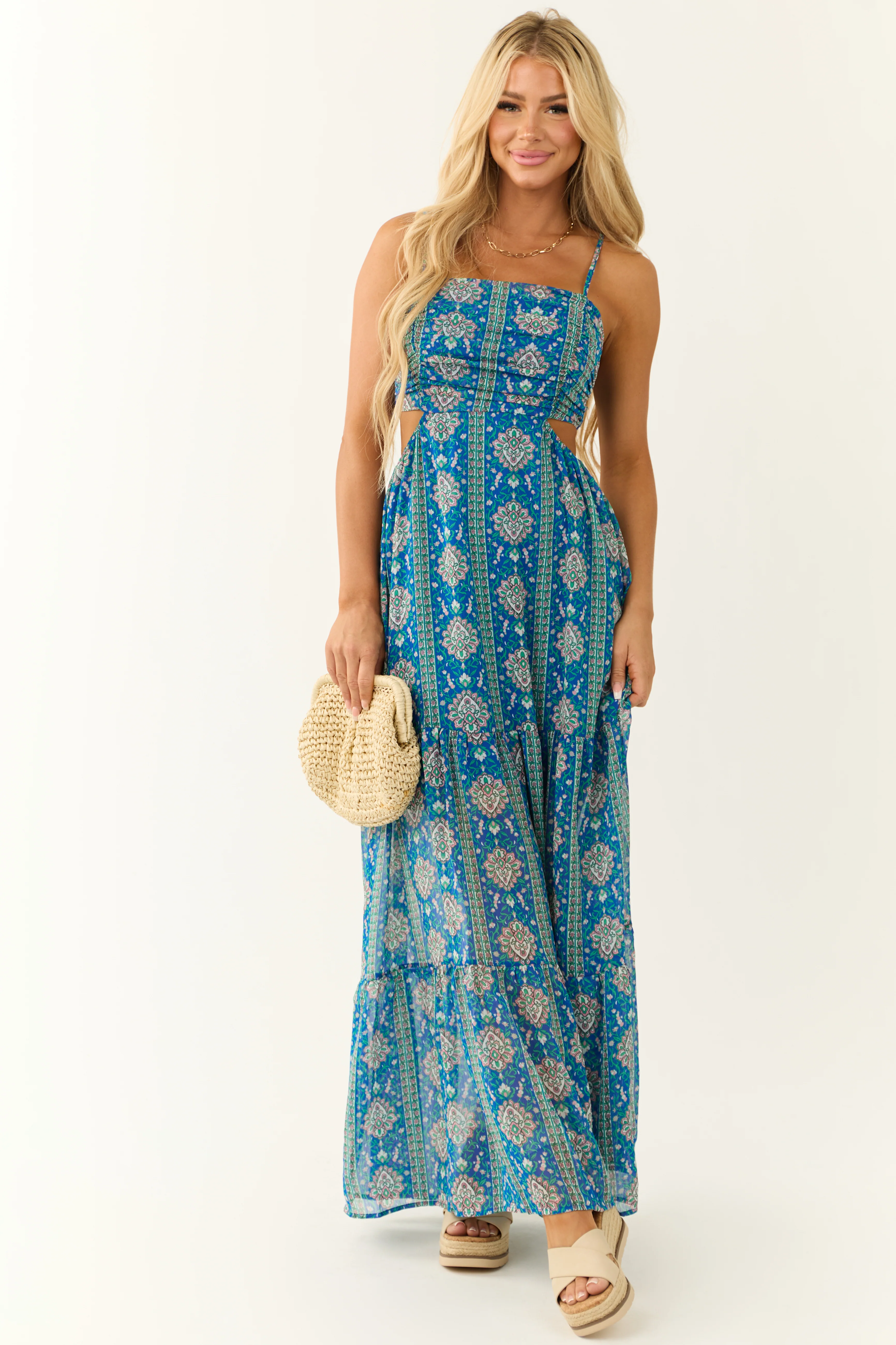 Royal Blue Floral Print Open Back Maxi Dress - LD SALE