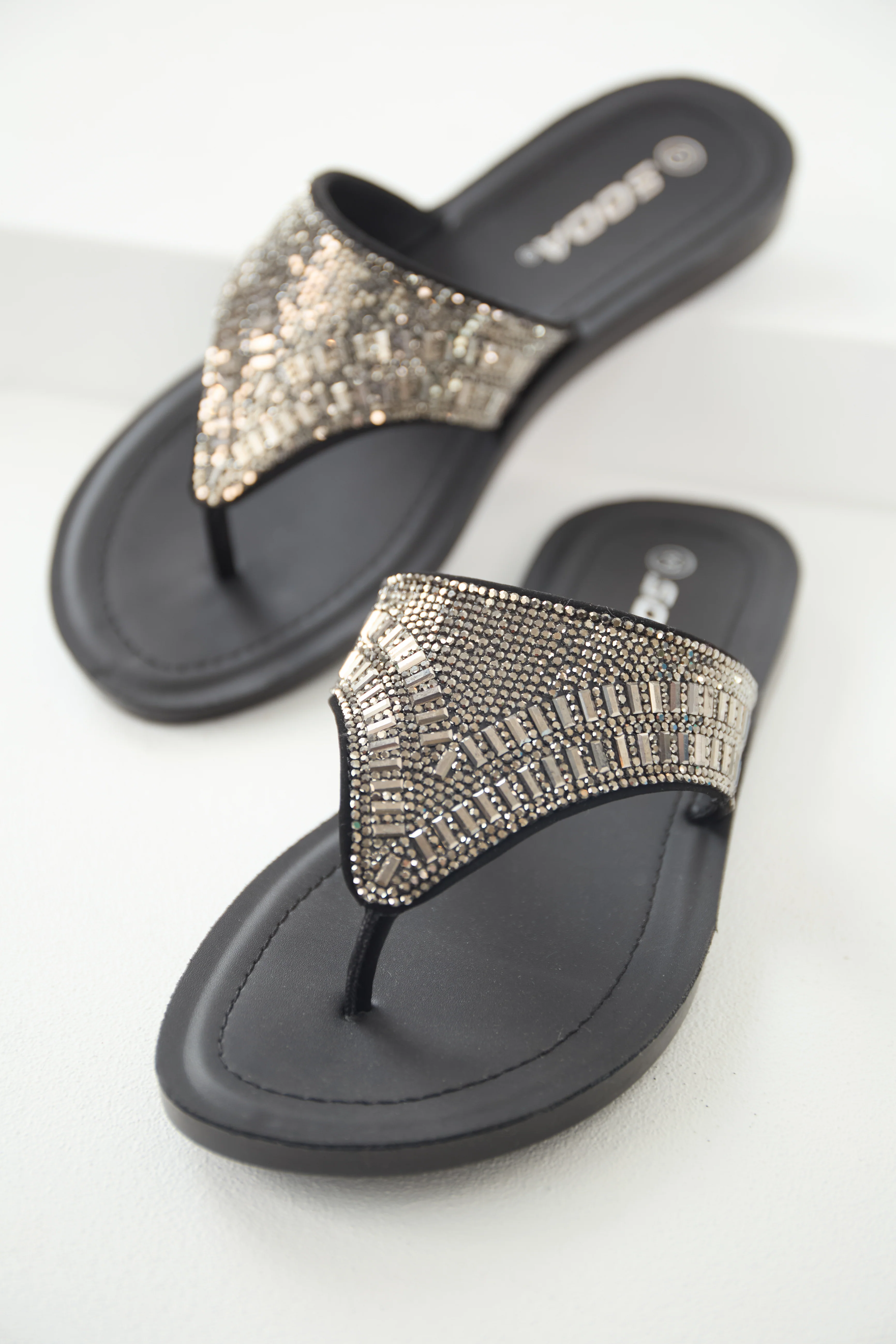 Black Rhinestone Flat Slip On Sandals - LD SALE