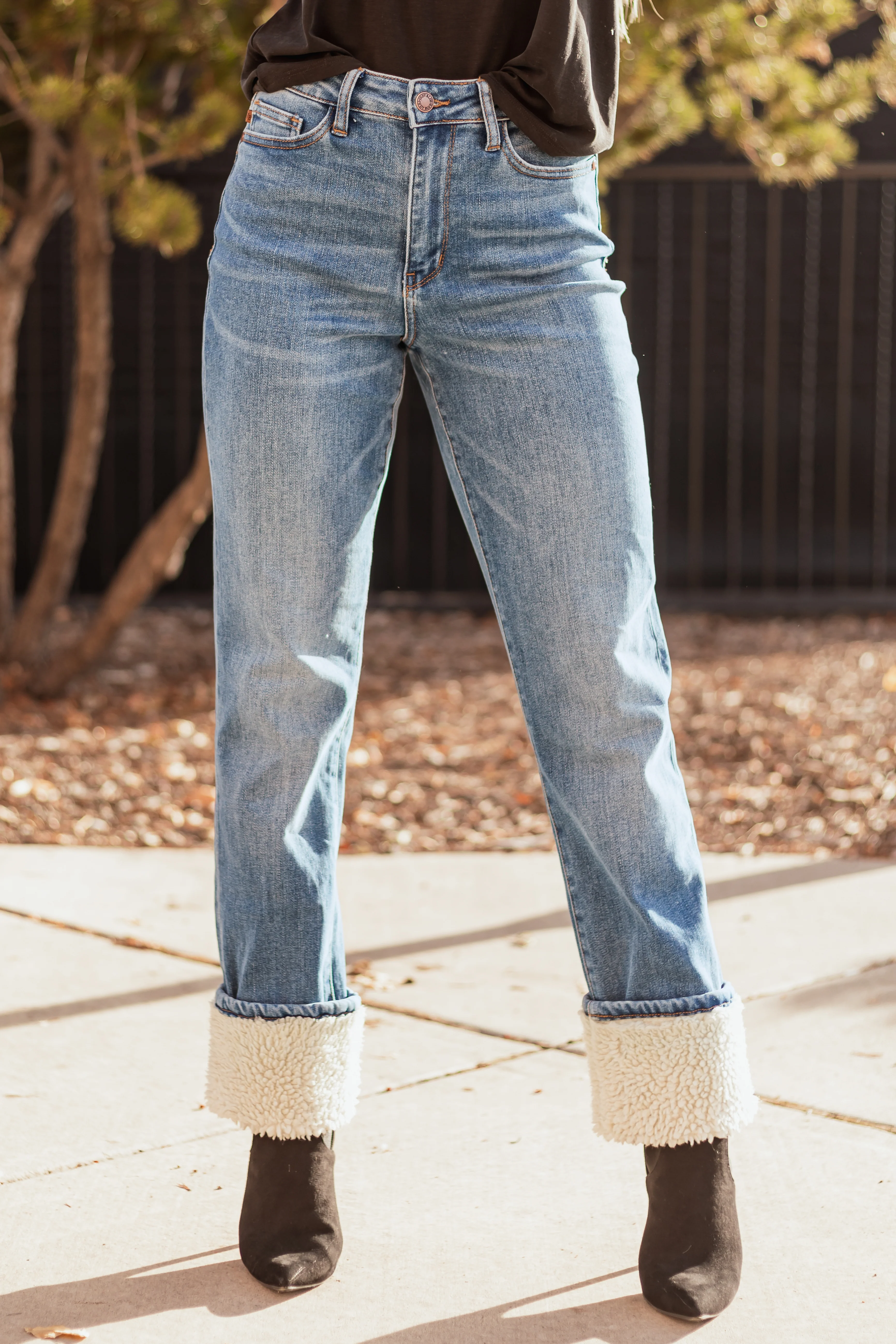 Judy Blue Faux Shearling Cuff Straight Jeans - LD SALE