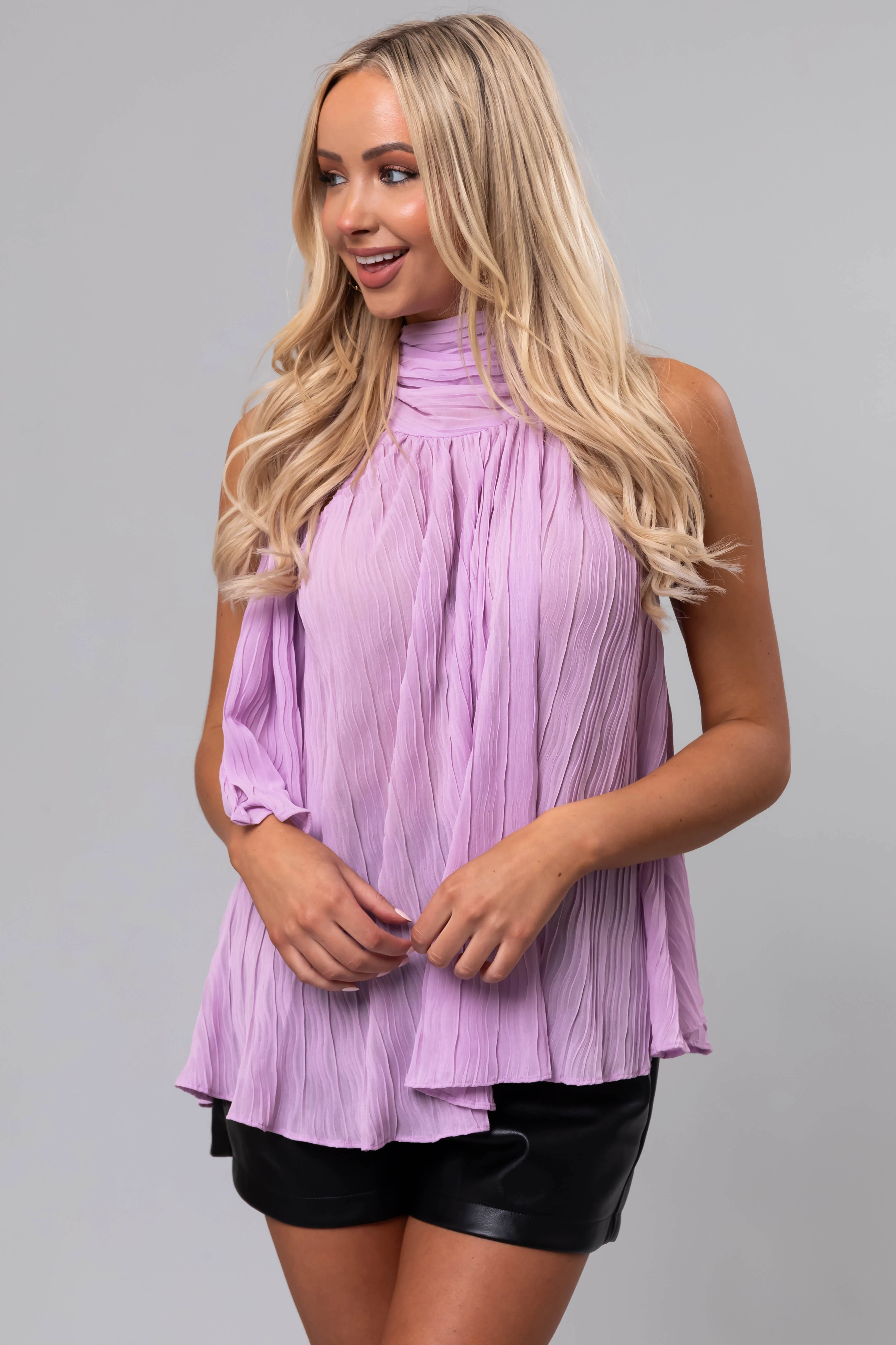 Lavender Sleeveless Neck Tie Pleated Blouse - LD SALE
