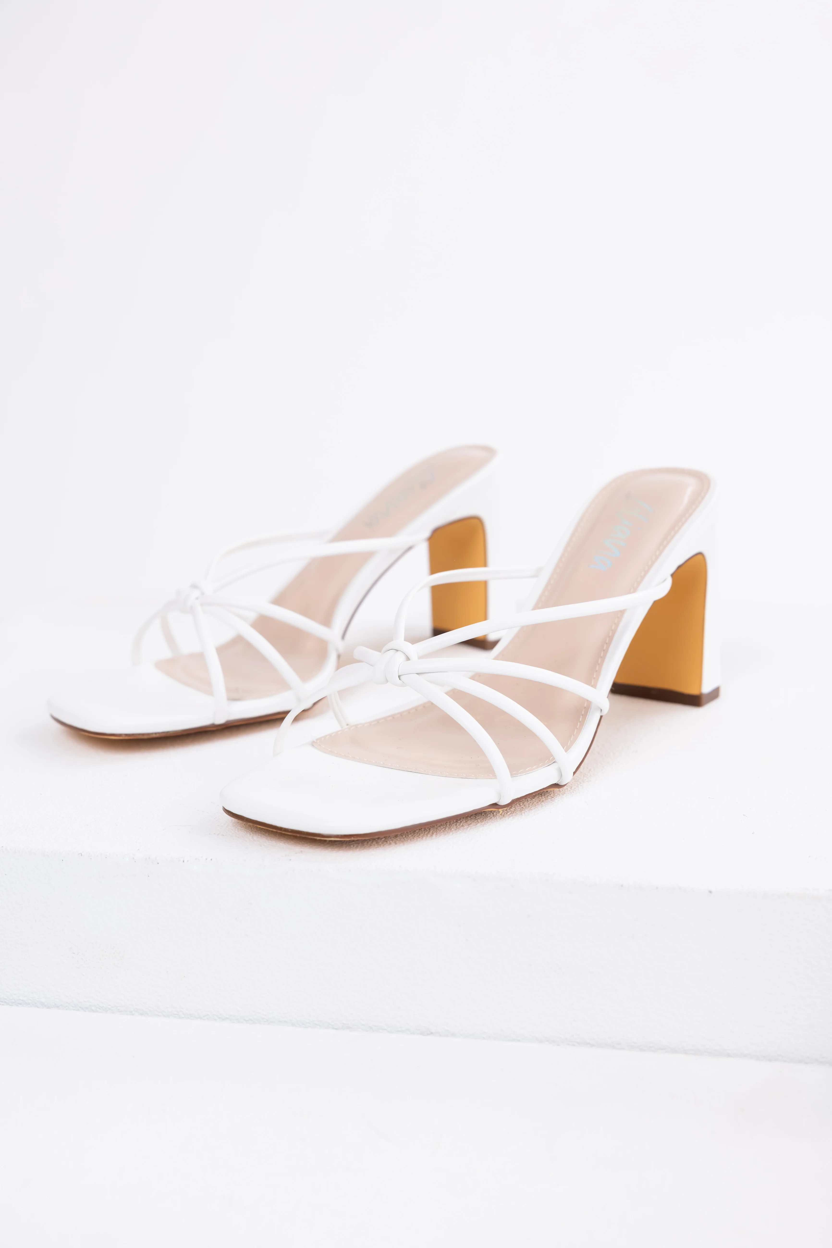 White Strappy Knot Slip On Dress Heels - LD SALE