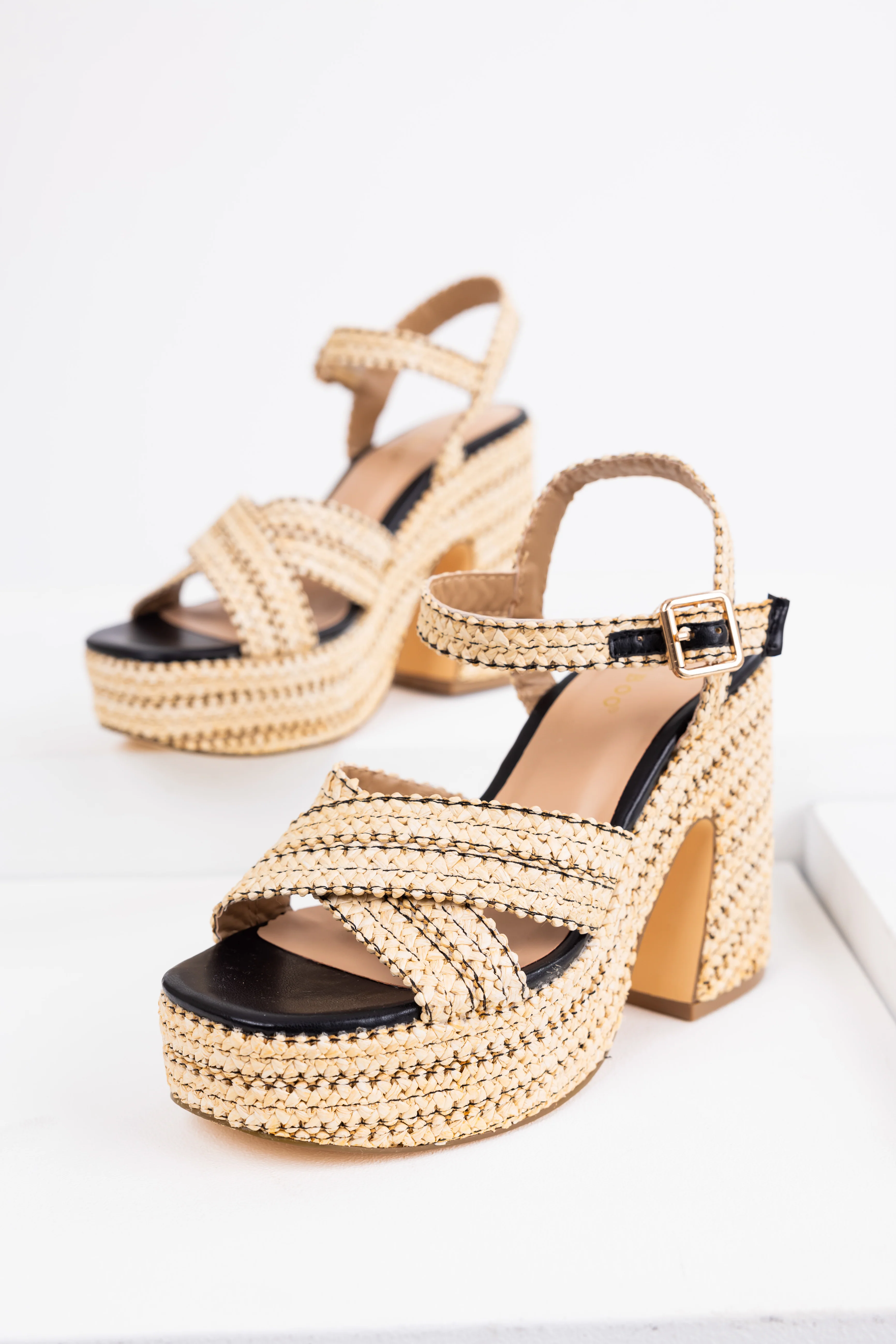 Black Natural Raffia Cross Strap Platform Heels - LD SALE