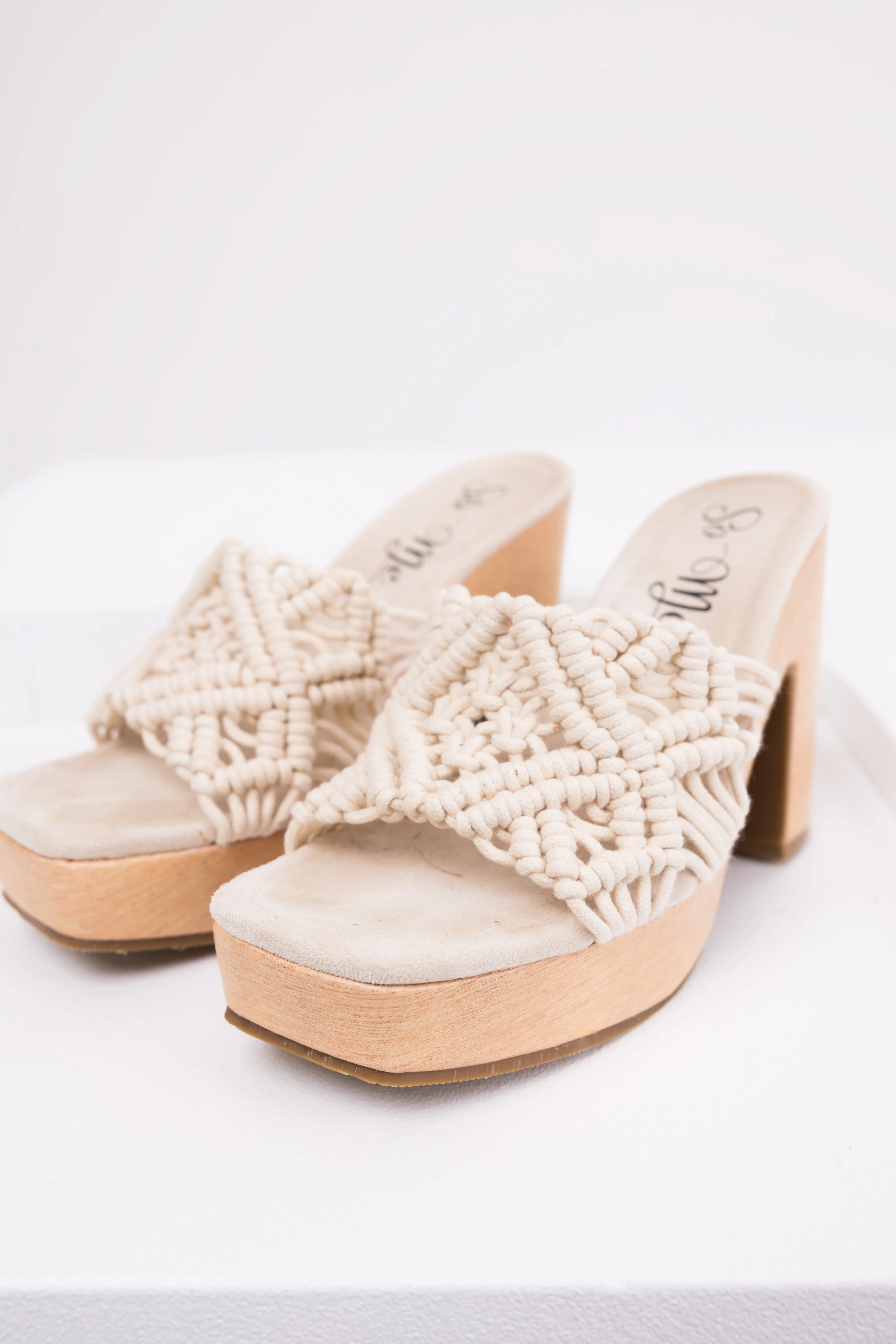 Ivory Crochet Strap Faux Wood Heels - LD SALE