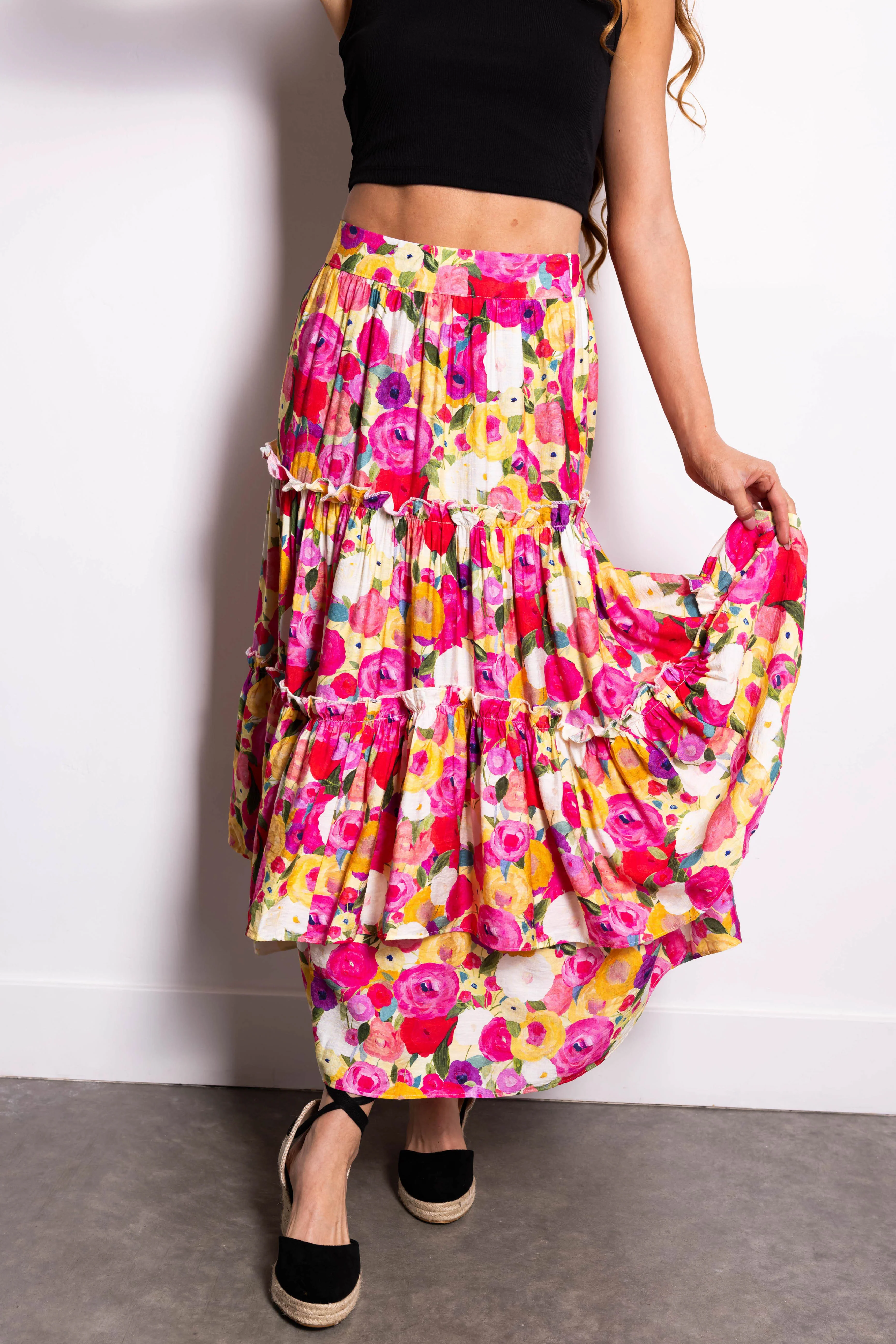 Raspberry Floral Print Tiered Maxi Skirt - LD SALE